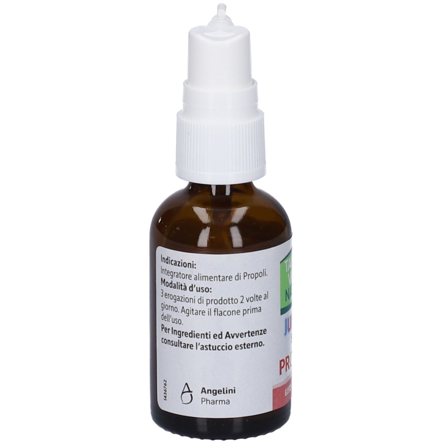 Braune Glasflasche mit weißem Sprühkopf. Aufschrift: Angelini Pharma. Text auf Italienisch.