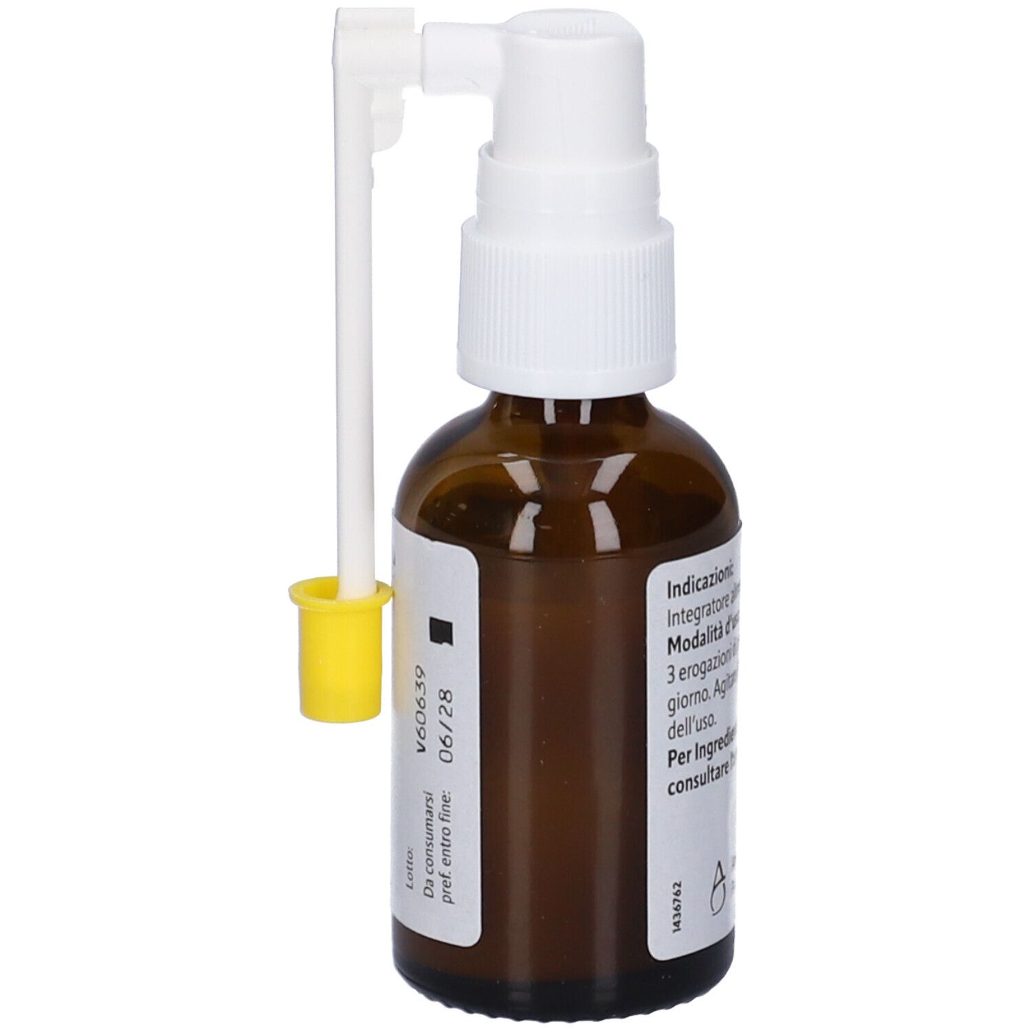 Braune Glasflasche mit weißem Sprühkopf und Applikator. Gelbe Schutzkappe. Italienische Beschriftung.
