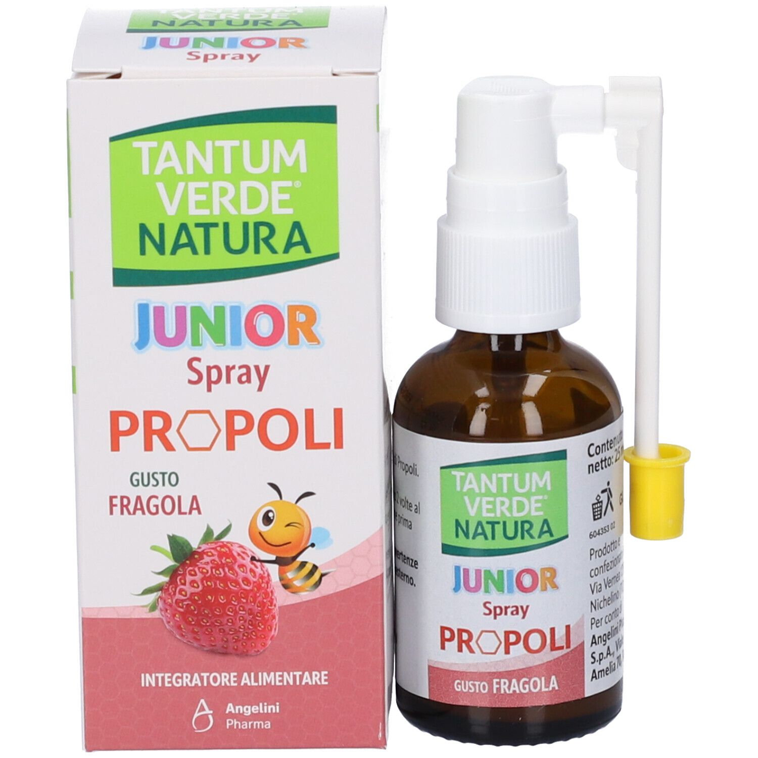 Produktflasche mit Verpackung. Aufschrift: Tantum Verde Natura Junior Spray Propoli Gusto Fragola. Erdbeere.