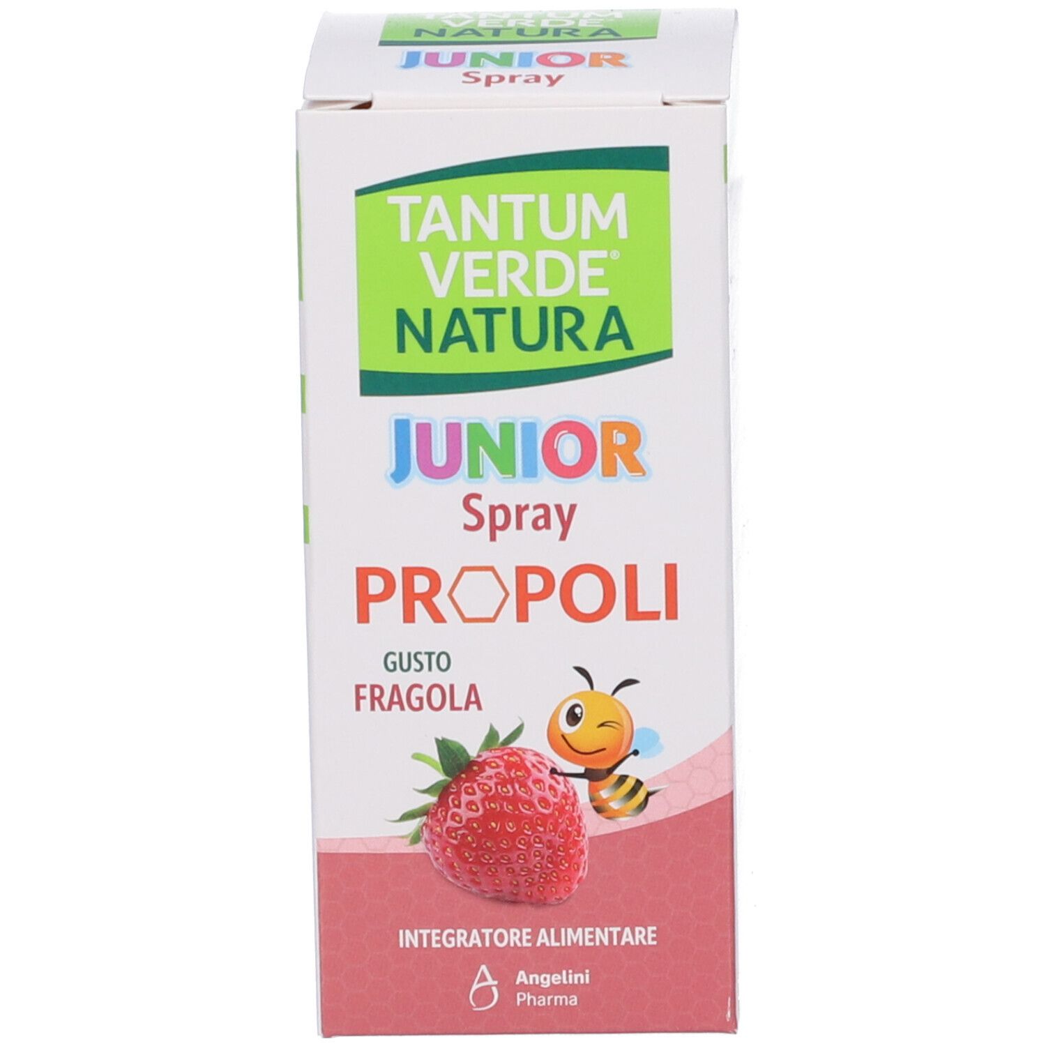 Produktverpackung. Aufschrift: Tantum Verde Natura Junior Spray Propoli Gusto Fragola. Erdbeere und Biene.