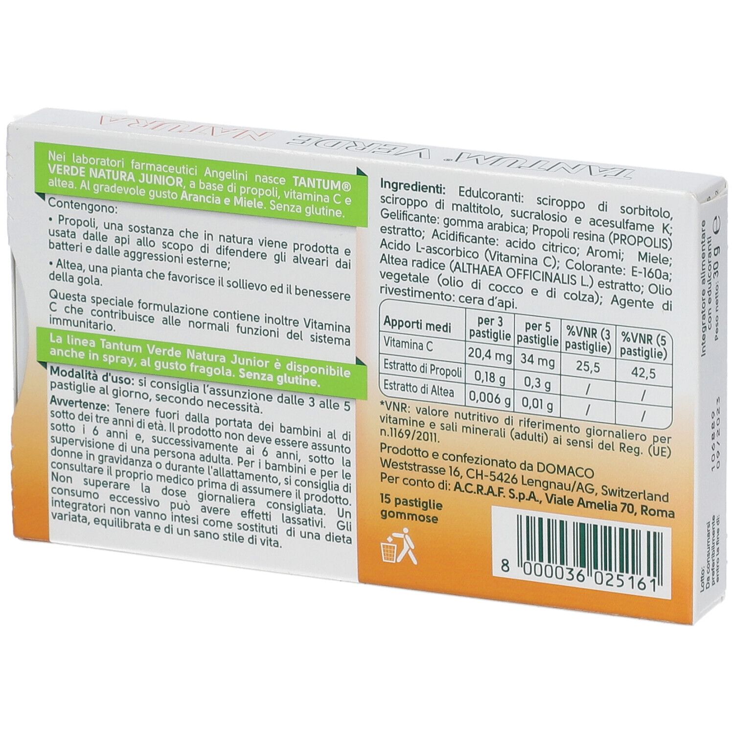 Rückseite der Produktverpackung. Enthält Informationen zu Inhaltsstoffen und Nährwerten. 15 Pastiglie gommose. Hergestellt von DOMACO.