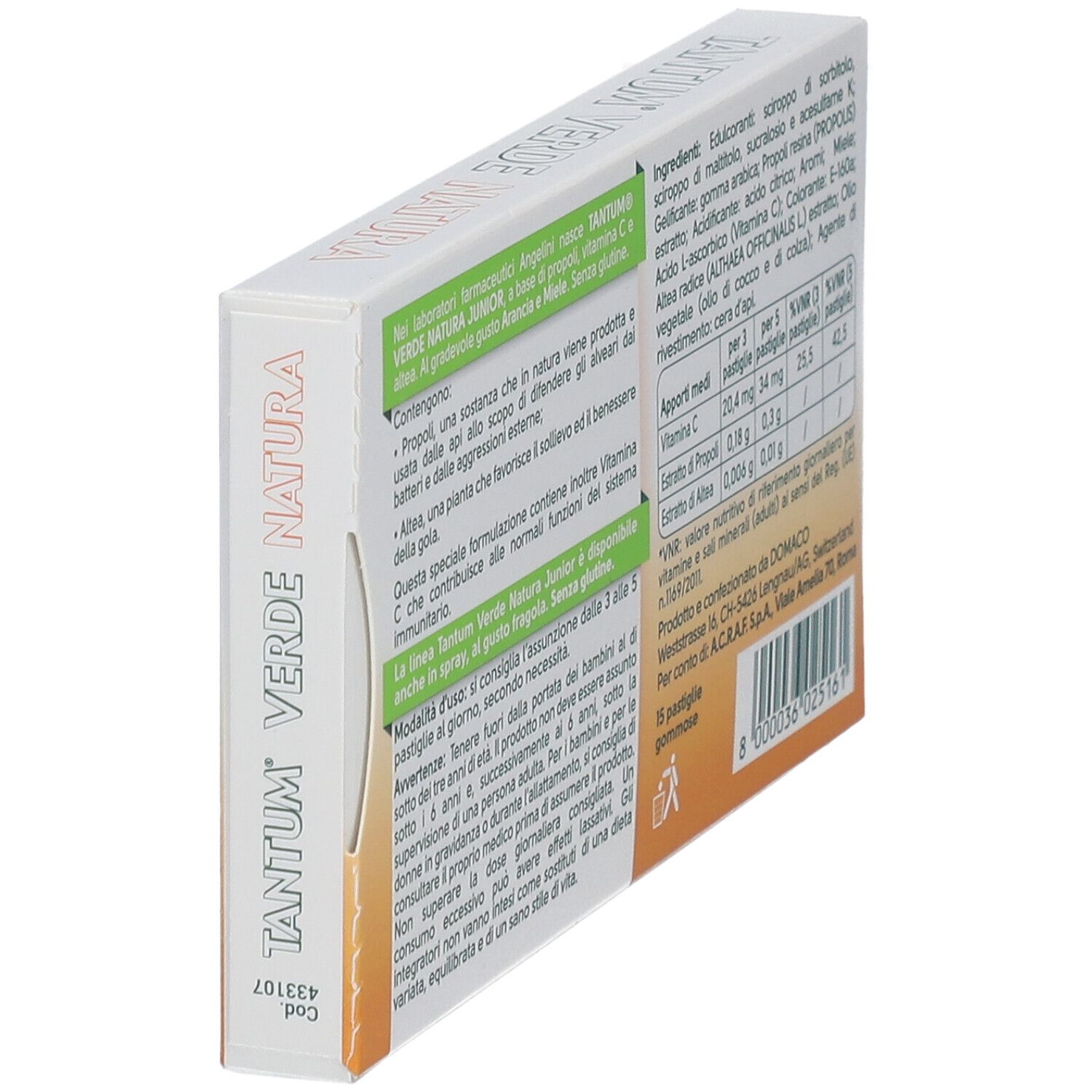 Produktverpackung. Aufschrift: Tantum Verde Natura Junior. Enthält Informationen zu Inhaltsstoffen und Nährwerten. 15 Pastiglie gommose.