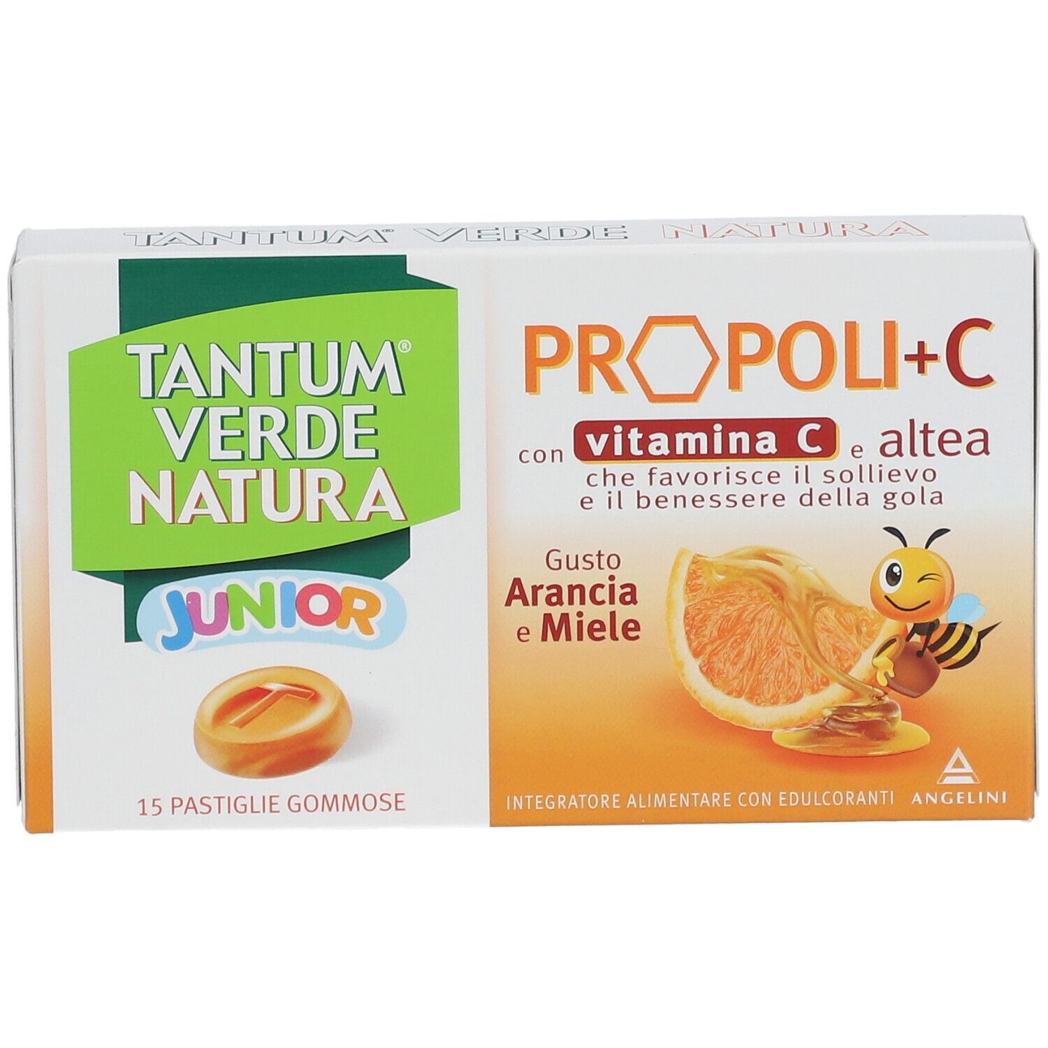 Produktverpackung. Aufschrift: Tantum Verde Natura Junior Propoli+C. Mit Vitamin C, Geschmack Orange und Honig. 15 Pastillen gommose.