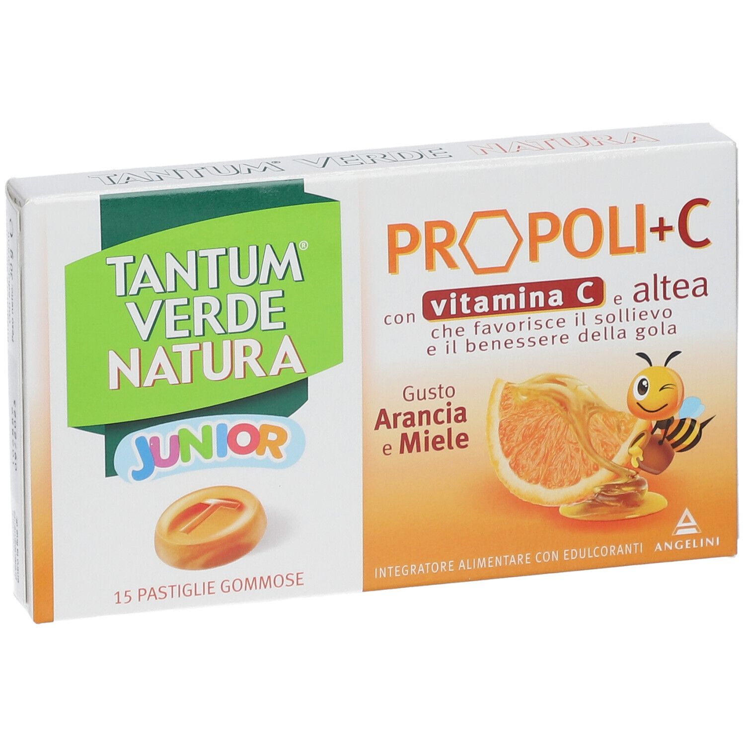 Produktverpackung. Aufschrift: Tantum Verde Natura Junior Propoli+C. Mit Vitamin C, Geschmack Orange und Honig. 15 Pastillen gommose.