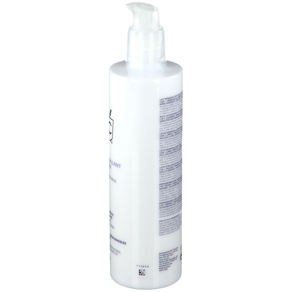 Flacone bianco con dosatore. Scritta: RoC, Lait Démaquillant Multi-Action. 3-in-1: deterge, tonifica, idrata. Per tutti i tipi di pelle, anche sensibili.