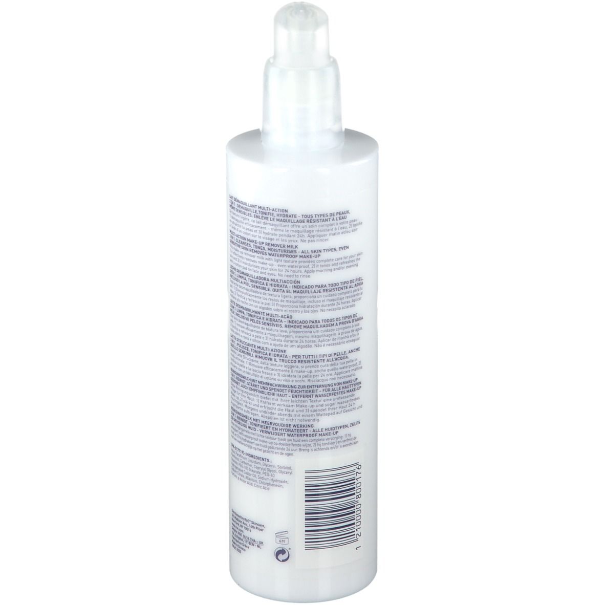 Flacone bianco con dosatore. Scritta: RoC, Lait Démaquillant Multi-Action. 3-in-1: deterge, tonifica, idrata. Per tutti i tipi di pelle, anche sensibili.