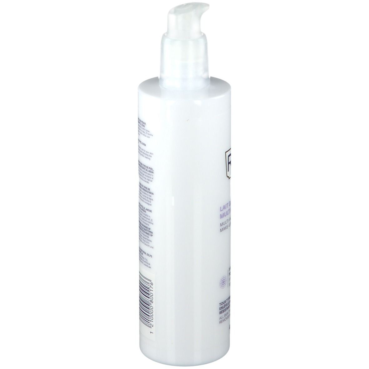 Flacone bianco con dosatore. Scritta: RoC, Lait Démaquillant Multi-Action. 3-in-1: deterge, tonifica, idrata. Per tutti i tipi di pelle, anche sensibili.