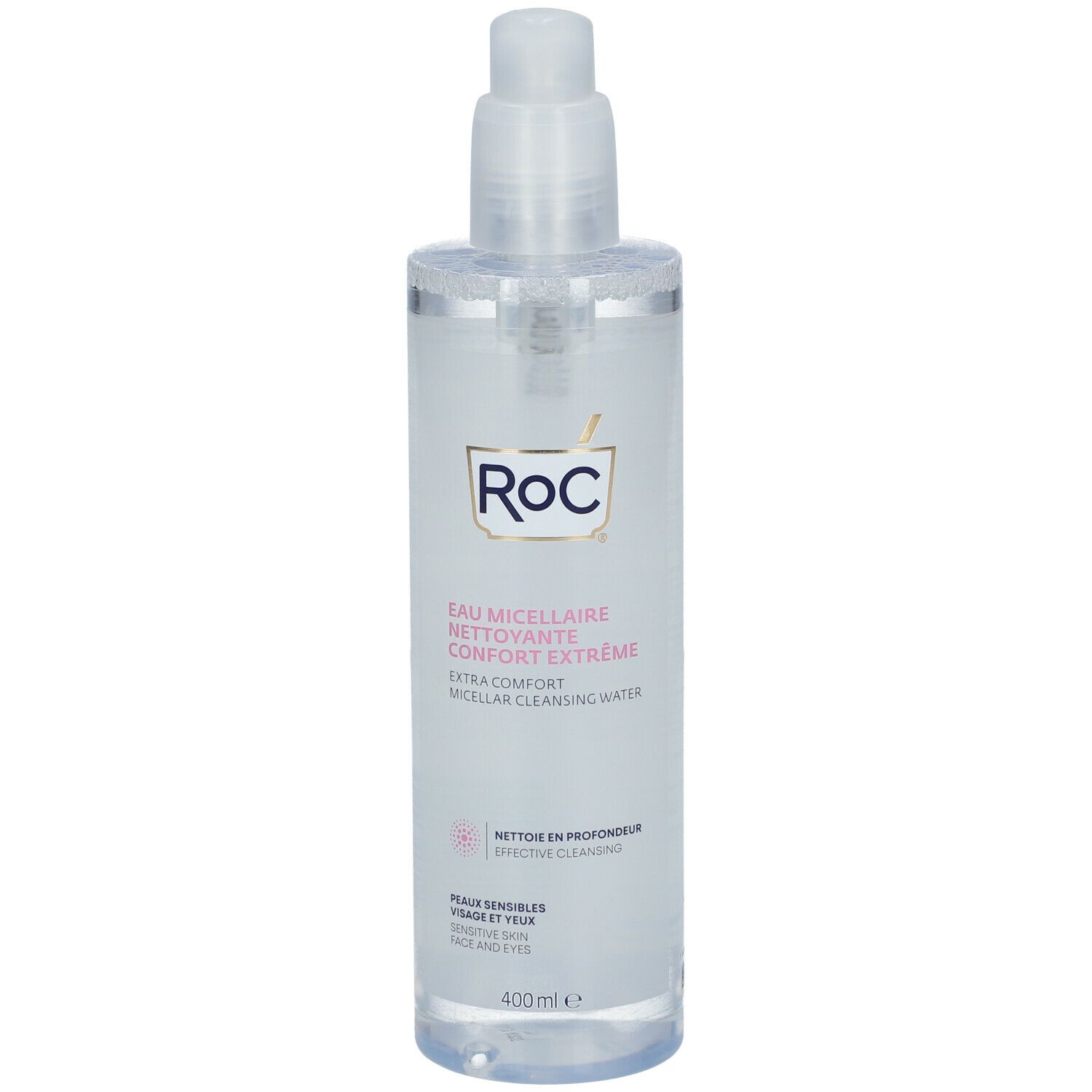 Flacone trasparente con dosatore a pompa. Scritta: RoC, Eau Micellaire Nettoyante Confort Extrême. 400 ml.