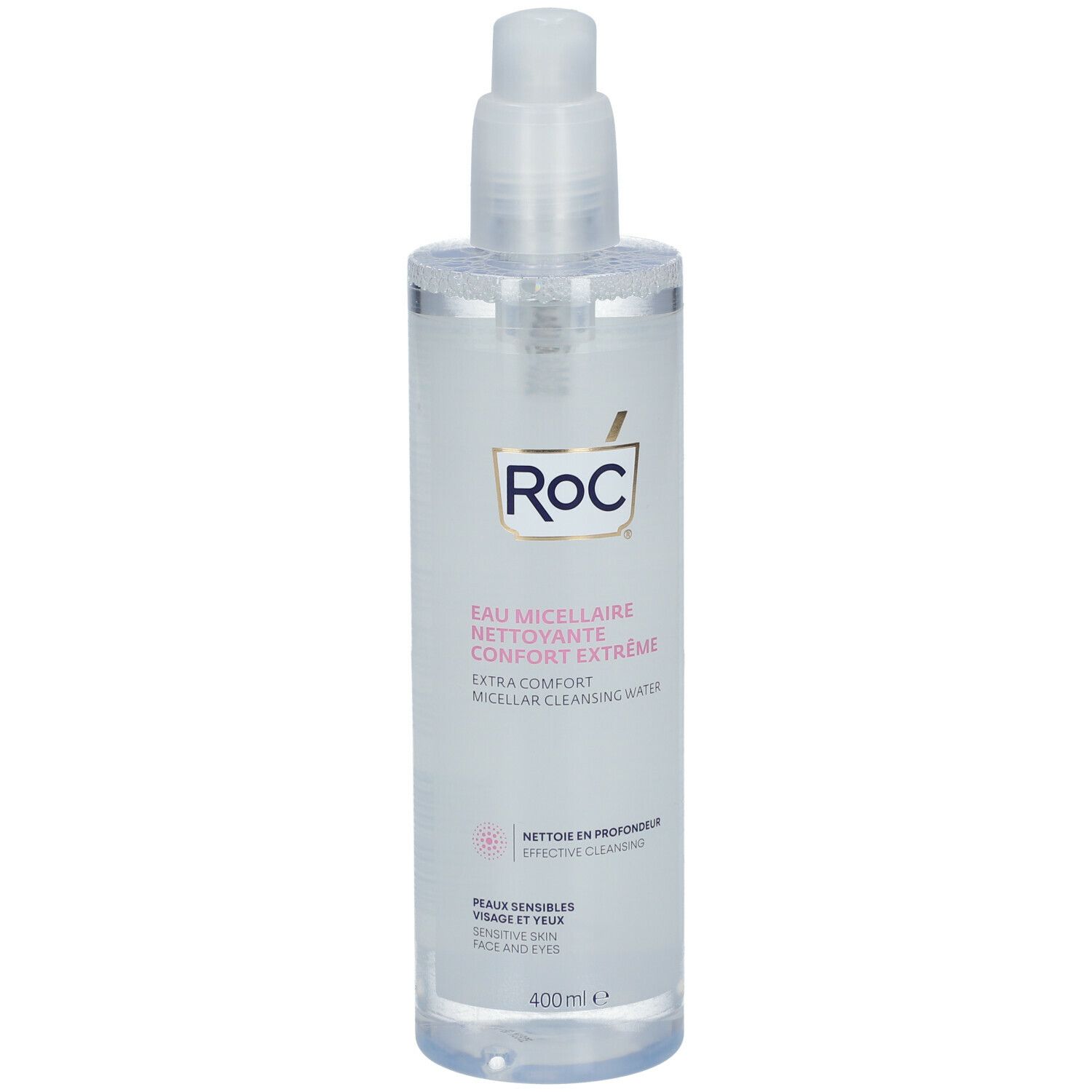 Flacone trasparente con dosatore a pompa. Scritta: RoC, Eau Micellaire Nettoyante Confort Extrême. 400 ml.