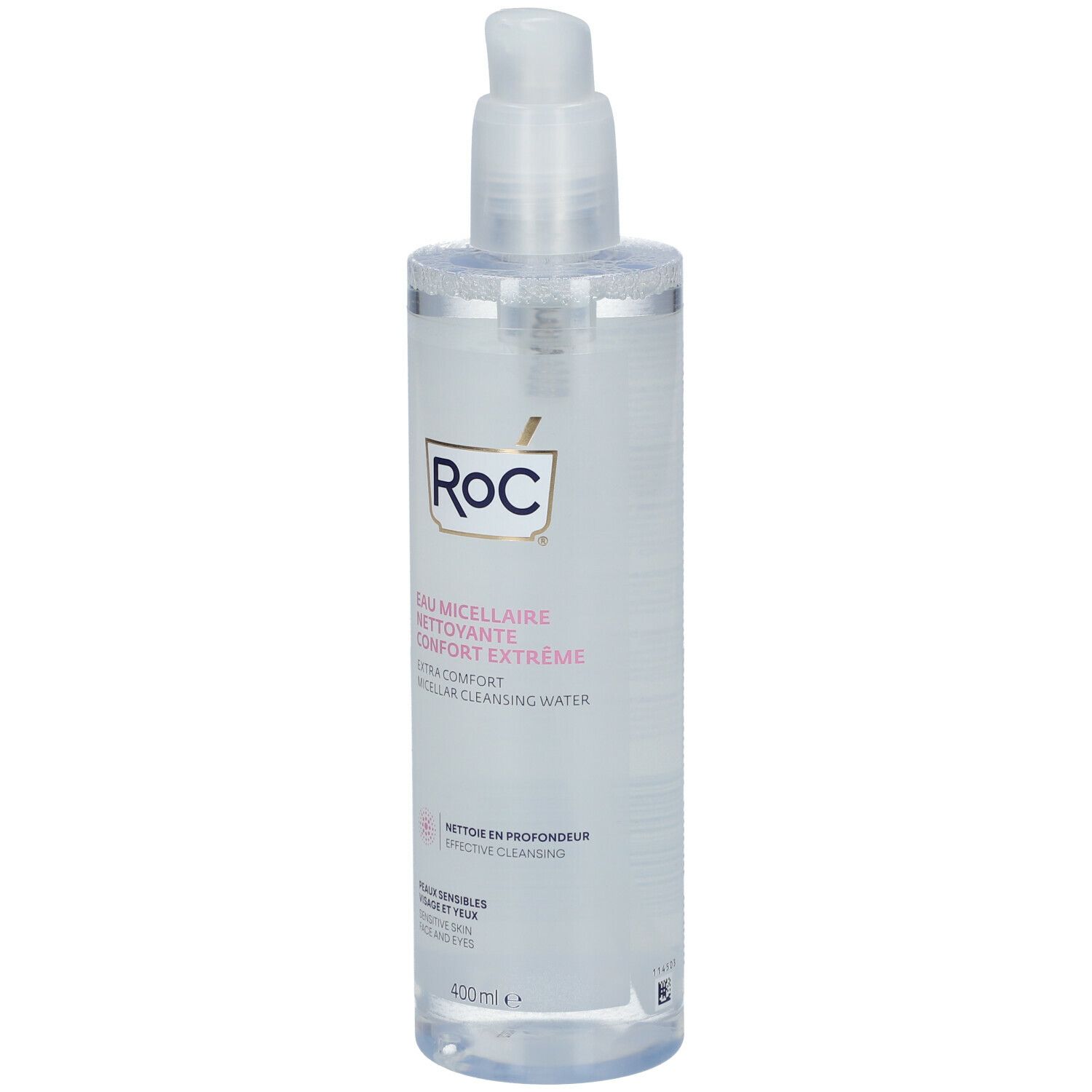Flacone trasparente con dosatore a pompa. Scritta: RoC, Eau Micellaire Nettoyante Confort Extrême. 400 ml.