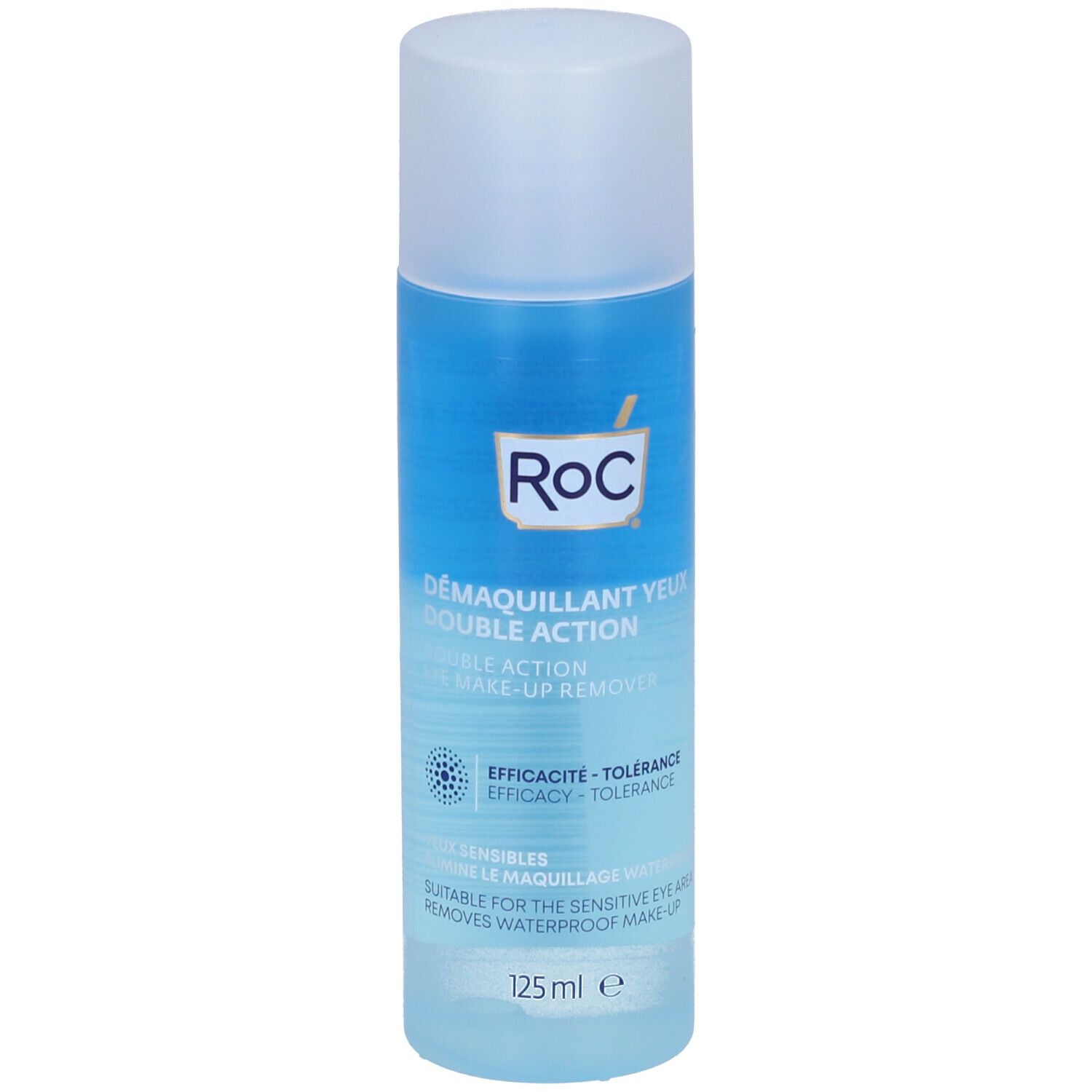 Flacone blu e bianco con logo ROC e testo. Visibili "Démaquillant Yeux Double Action" e "125 ml e".