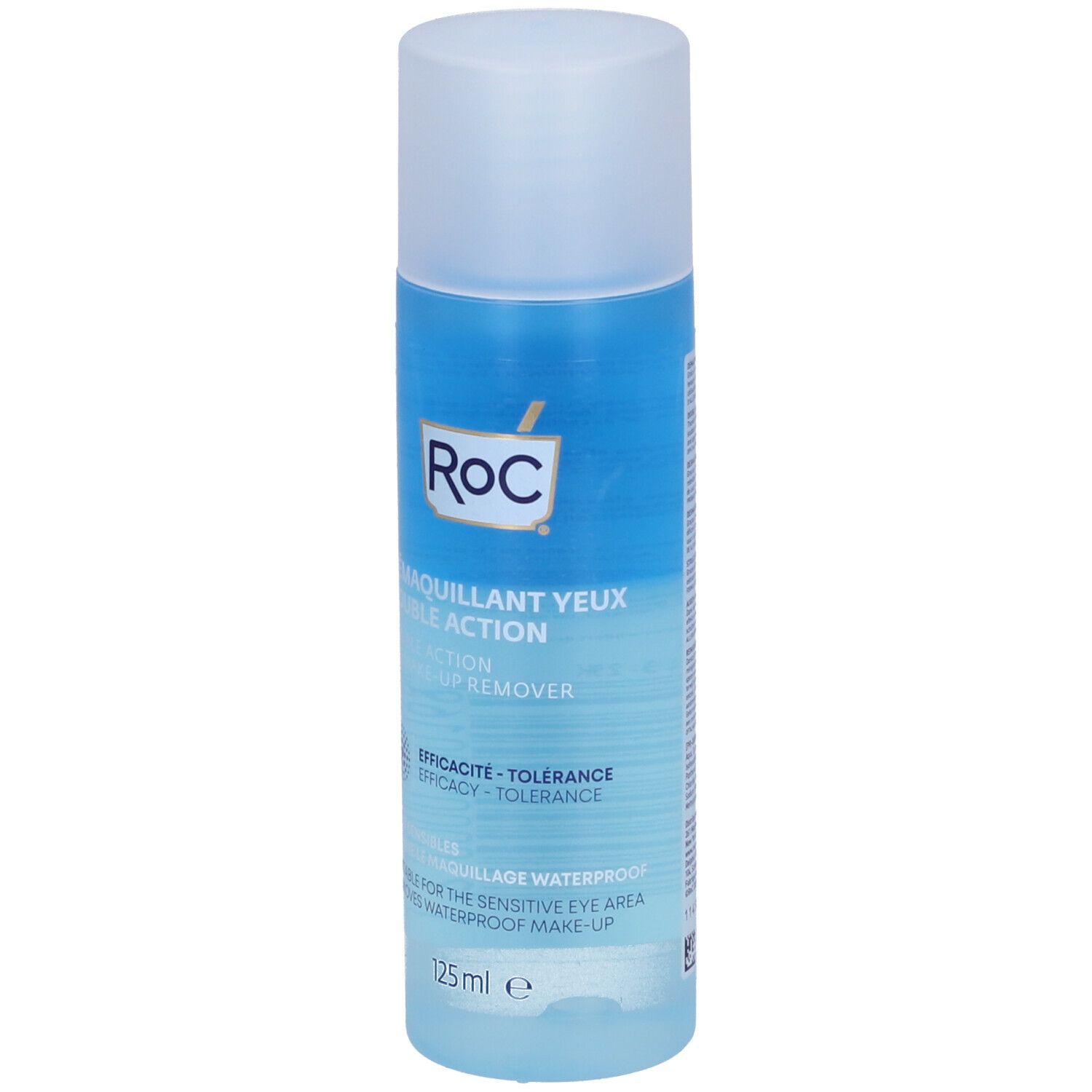 Flacone blu e bianco con logo ROC e testo. Visibili "Démaquillant Yeux Double Action" e "125 ml e".