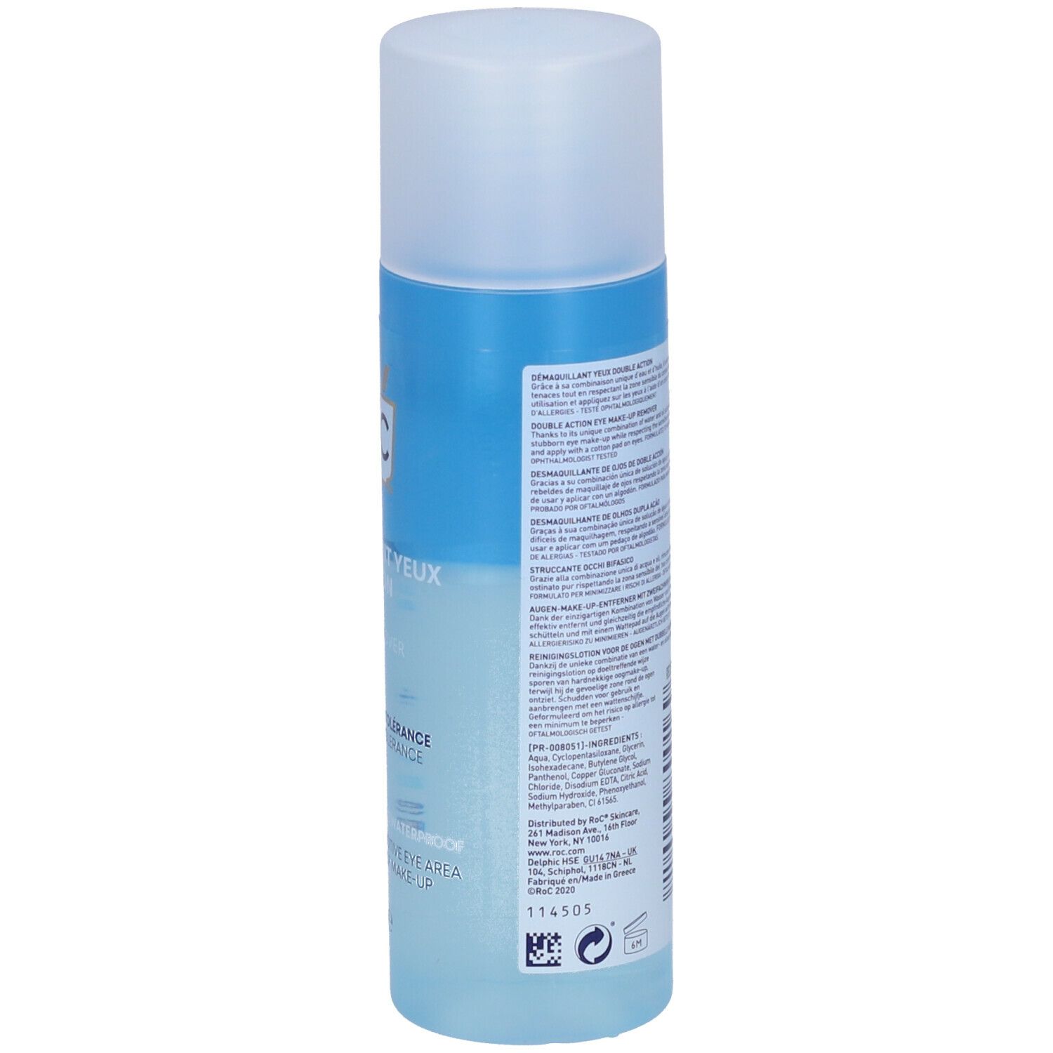 Vista posteriore del flacone con testo e codice a barre. Liquido blu nella parte inferiore.