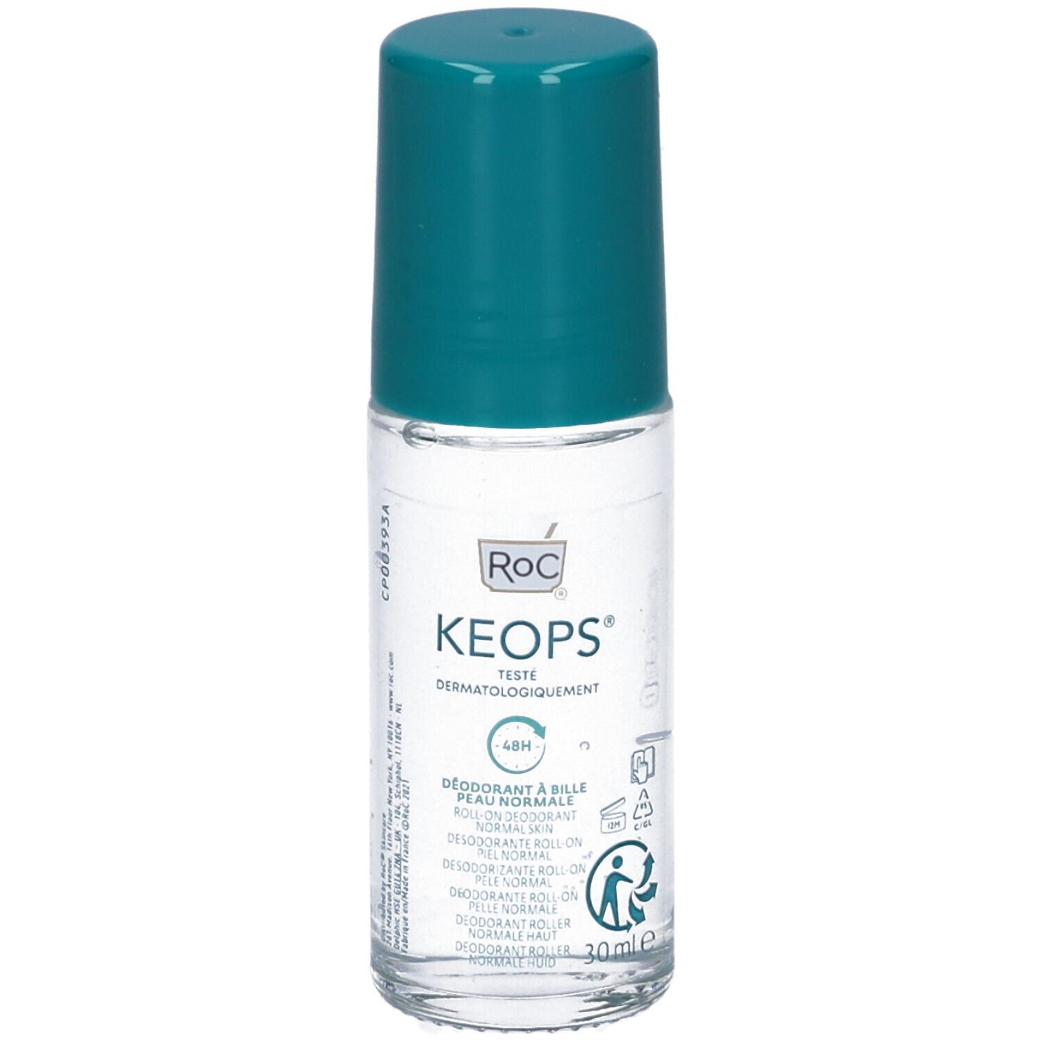 Roll-on-Deodorant mit blaugrünem Deckel. Aufschrift: RoC Keops, dermatologisch getestet. 48h. Für normale Haut. 30ml.