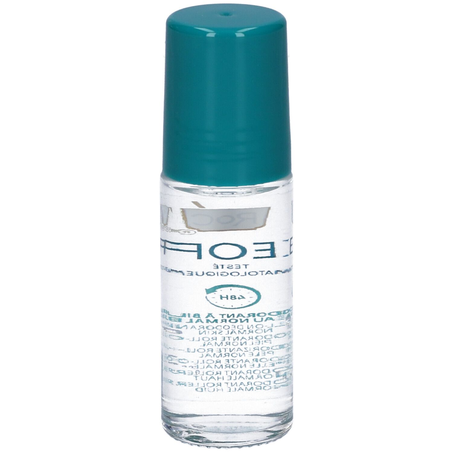 Roll-on-Deodorant mit blaugrünem Deckel. Aufschrift: RoC Keops, dermatologisch getestet. 48h. Für normale Haut. 30ml.