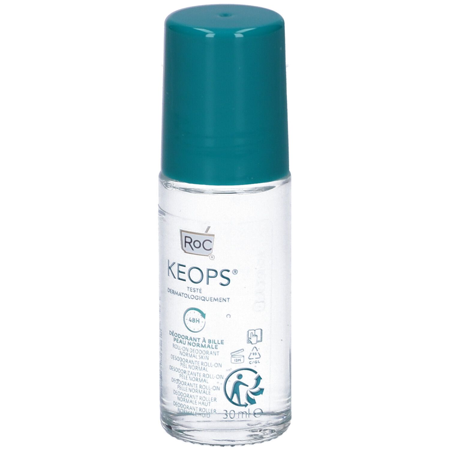 Roll-on-Deodorant mit blaugrünem Deckel. Aufschrift: RoC Keops, dermatologisch getestet. 48h. Für normale Haut. 30ml.