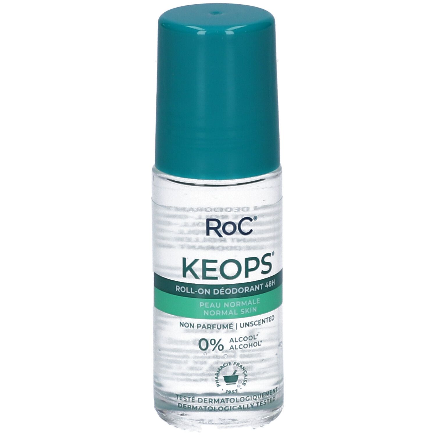 RoC Keops Roll-on Deodorant mit türkisfarbenem Verschluss, 48h Schutz.