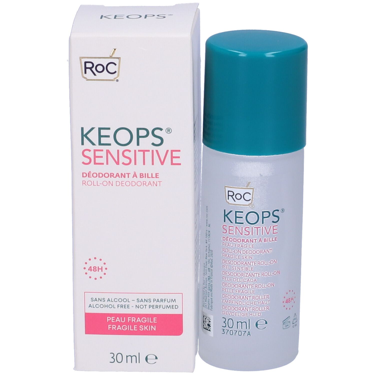 Deo-Roller und Verpackung. Aufschrift: RoC KEOPS Sensitive. 30 ml. Ohne Alkohol, ohne Parfum.