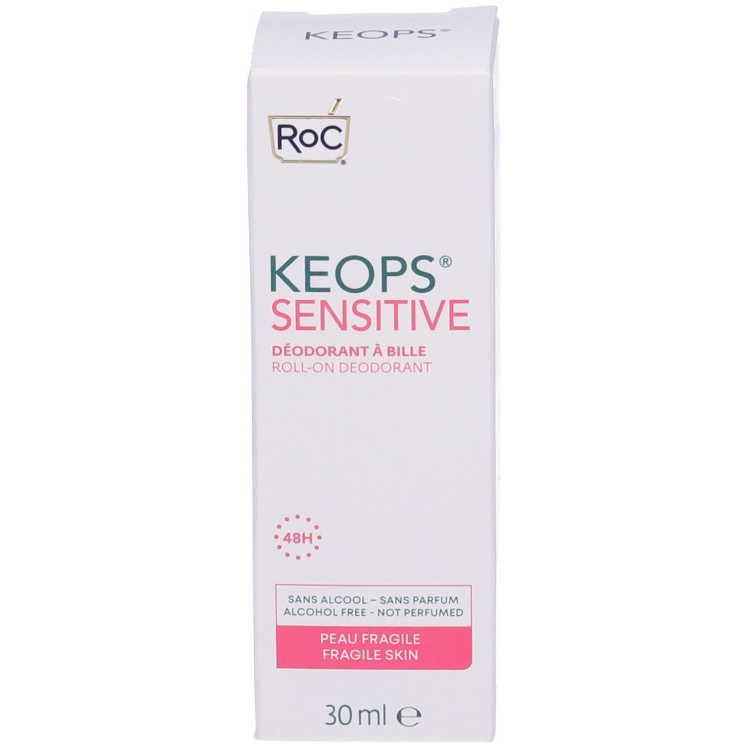 Verpackung. Aufschrift: RoC KEOPS Sensitive. 30 ml. Ohne Alkohol, ohne Parfum.
