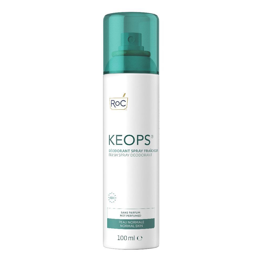 Spray deodorante RoC KEOPS. Flacone bianco con tappo verde. Scritte: Sans parfum, Peau normale, 100 ml.