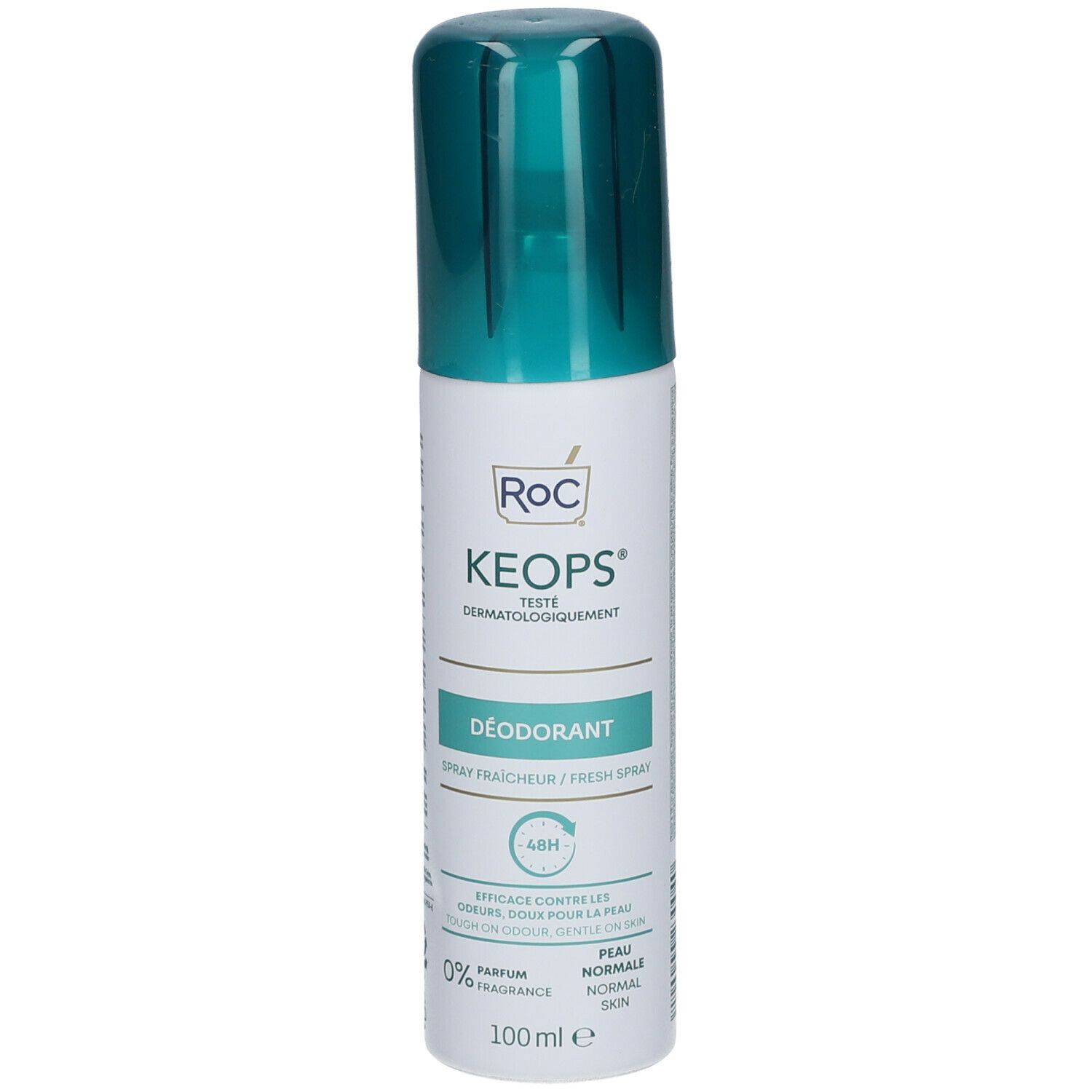 Deodorante RoC KEOPS. Flacone bianco con tappo verde. Scritte: Testato dermatologicamente, 48h, 0% profumo, 100 ml.