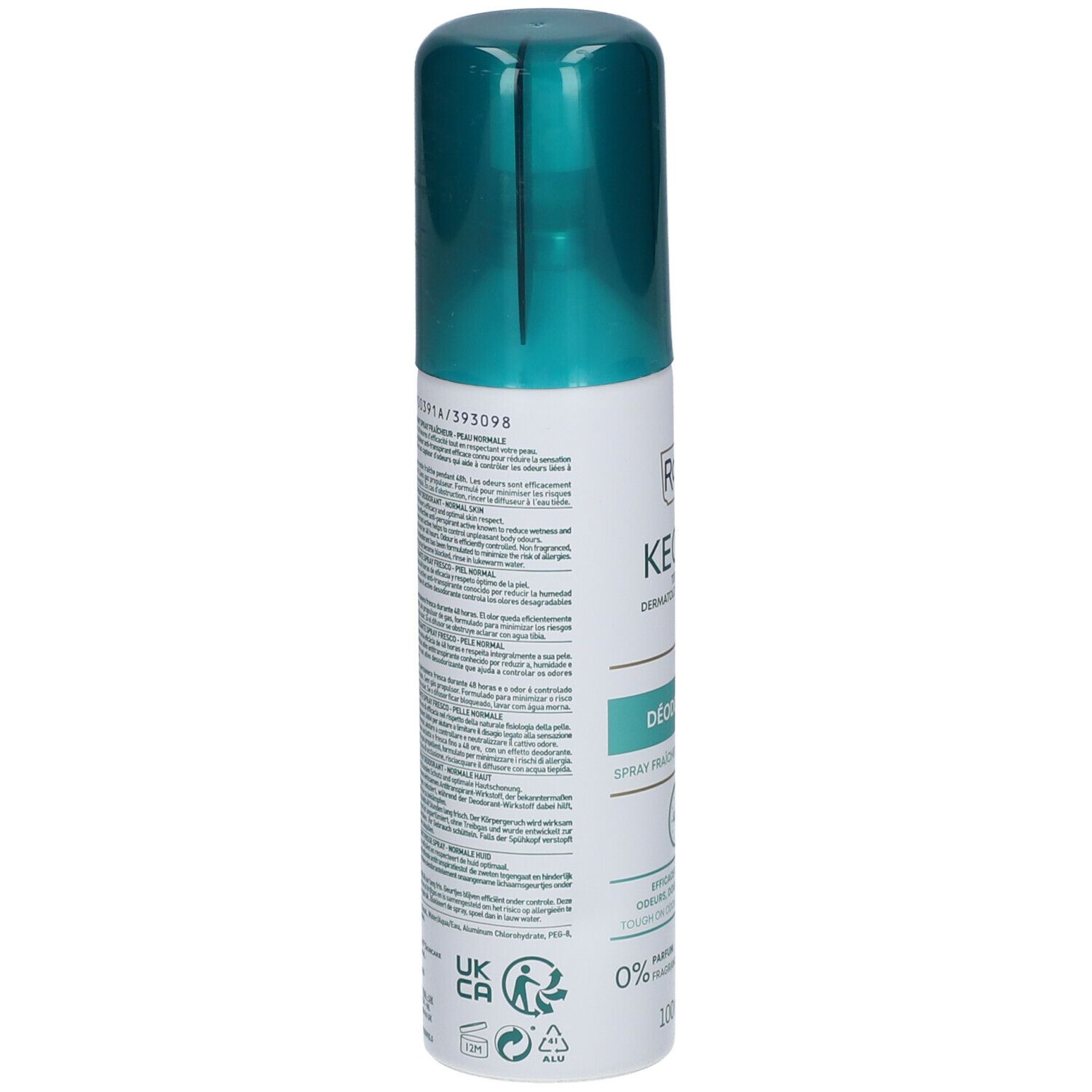 Retro del flacone di deodorante RoC KEOPS. Testo multilingue. Colori verde e bianco. Con simboli di riciclaggio.