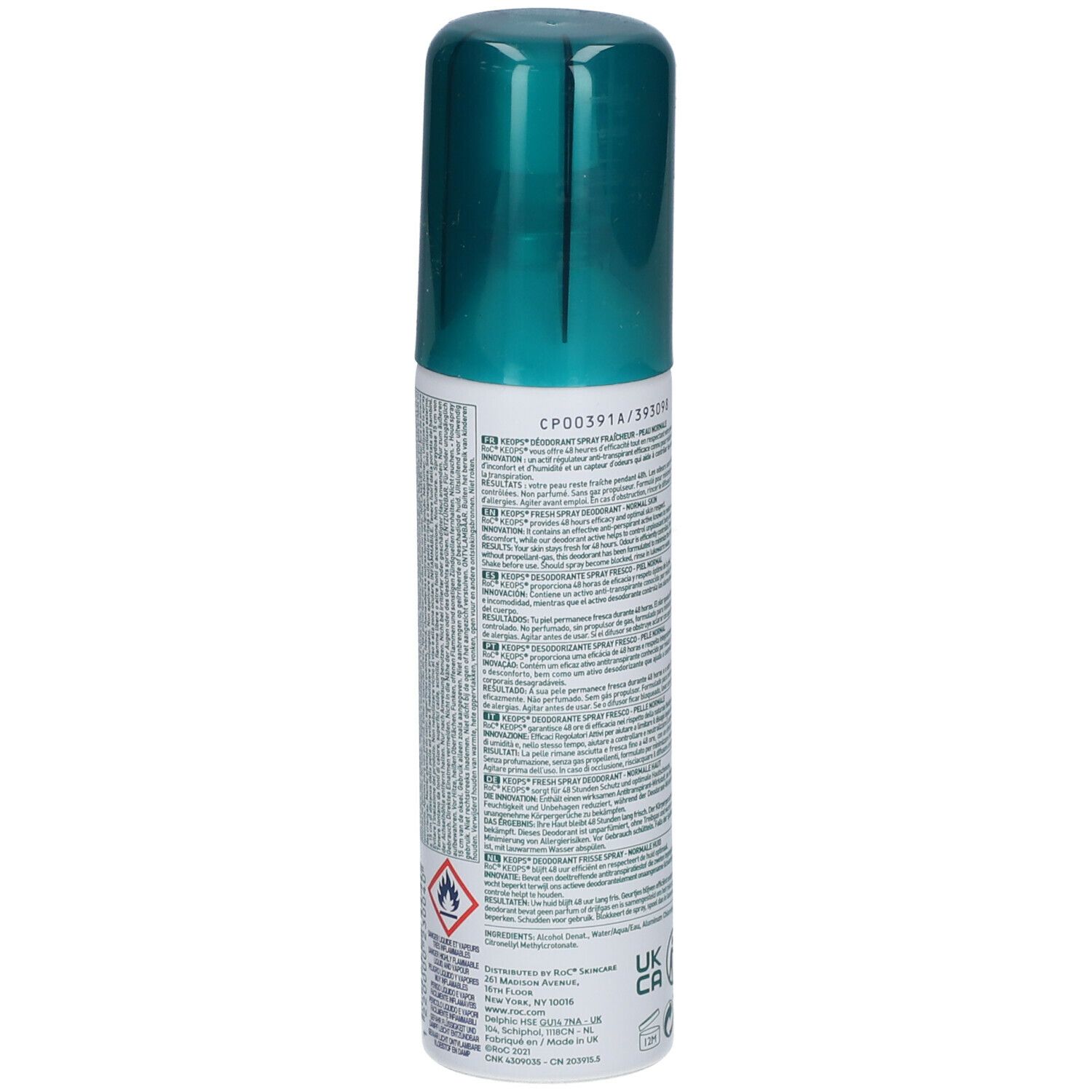 Retro del flacone di deodorante RoC KEOPS. Testo multilingue. Colori verde e bianco. Con simboli di riciclaggio.