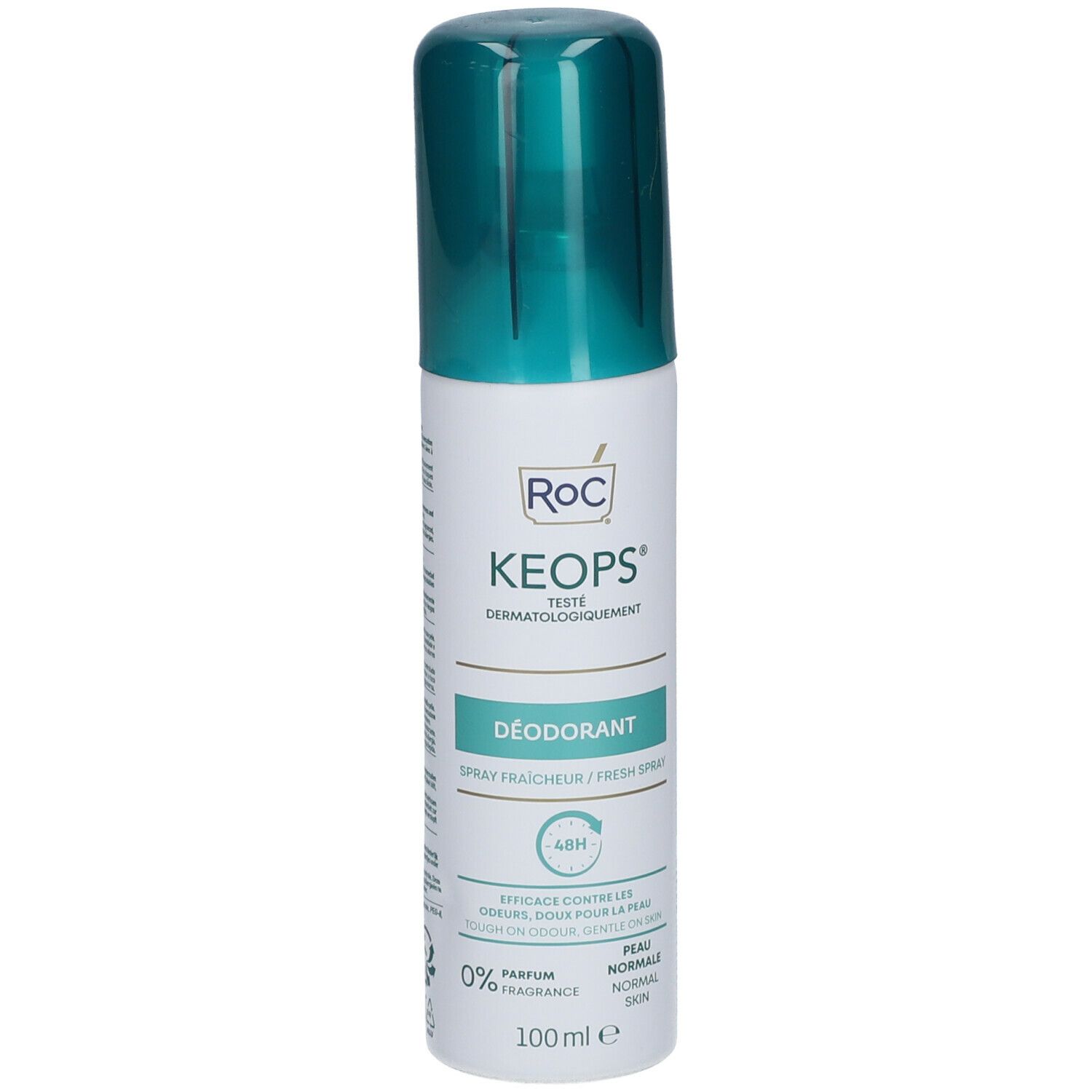 Deodorante RoC KEOPS. Flacone bianco con tappo verde. Scritte: Testato dermatologicamente, 48h, 0% profumo, 100 ml.