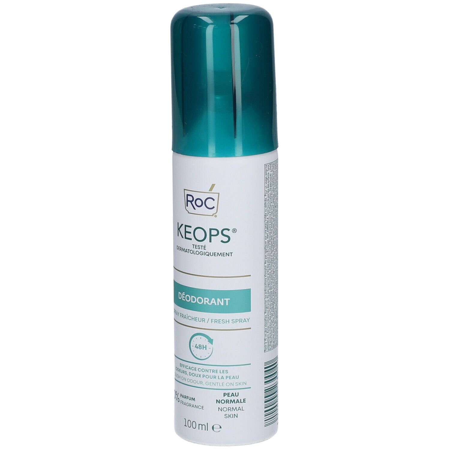 Deodorante RoC KEOPS. Flacone bianco con tappo verde. Scritte: Testato dermatologicamente, 48h, 0% profumo, 100 ml.