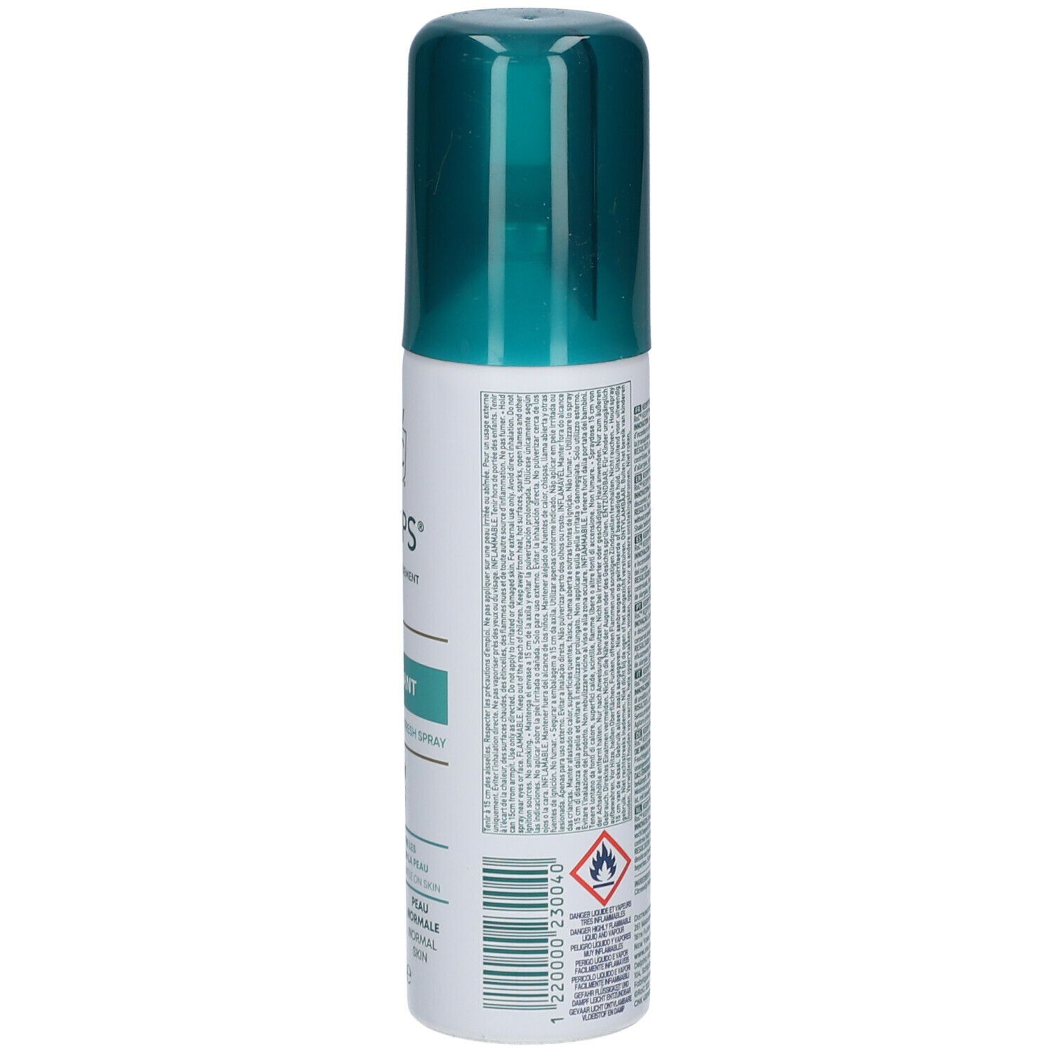 Retro del flacone di deodorante RoC KEOPS. Testo multilingue. Colori verde e bianco. Con simboli di riciclaggio.
