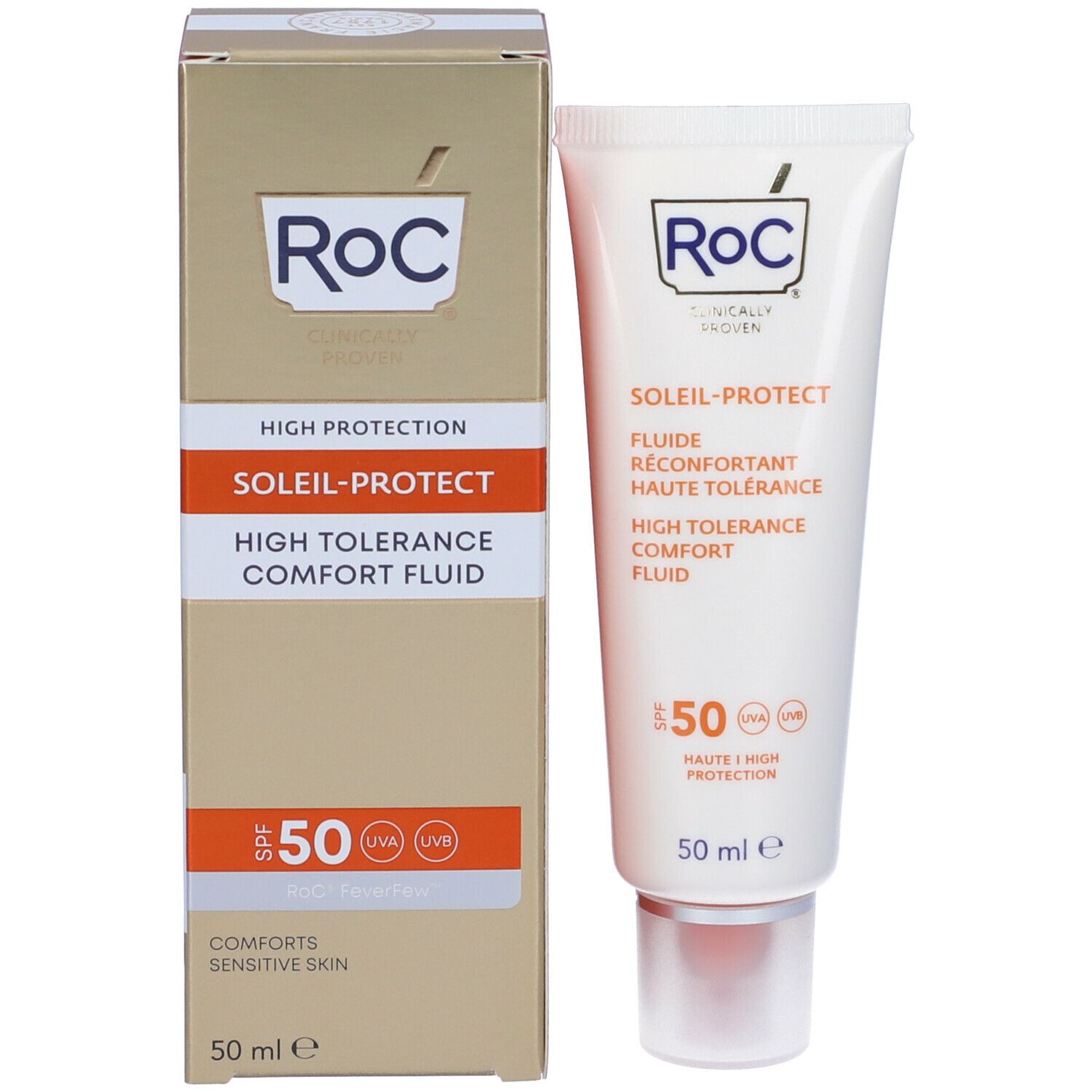 Confezione del prodotto con tubo. Scatola dorata e tubo bianco. Contiene: SOLEIL-PROTECT, SPF 50, e logo.