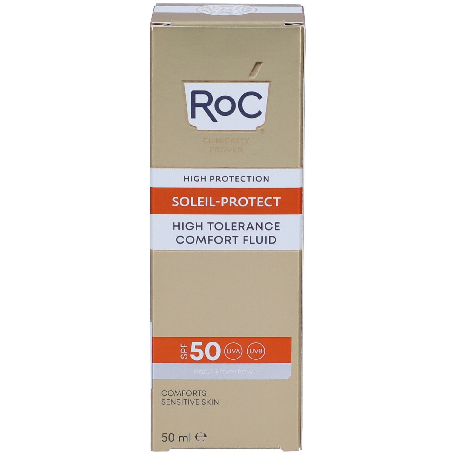 Scatola dorata con testo: SOLEIL-PROTECT, SPF 50, e logo. Contiene anche testo per pelli sensibili.