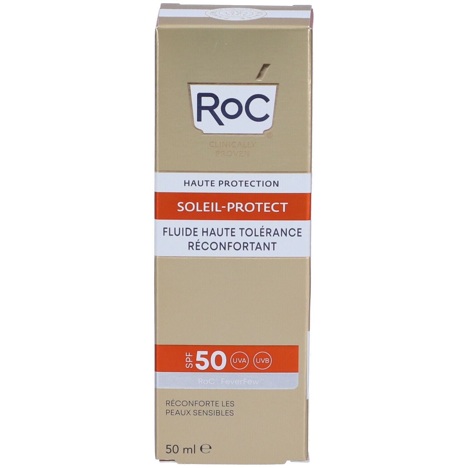 Scatola dorata con testo: SOLEIL-PROTECT, SPF 50, e logo. Contiene testo per pelli sensibili.