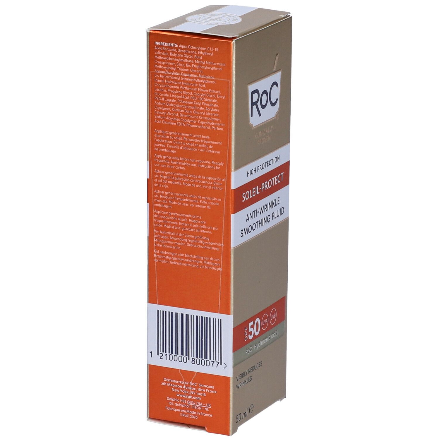 Scatola di cartone RoC. Scritte: SOLEIL-PROTECT, Anti-rughe, SPF50+. Ingredienti e codice a barre.