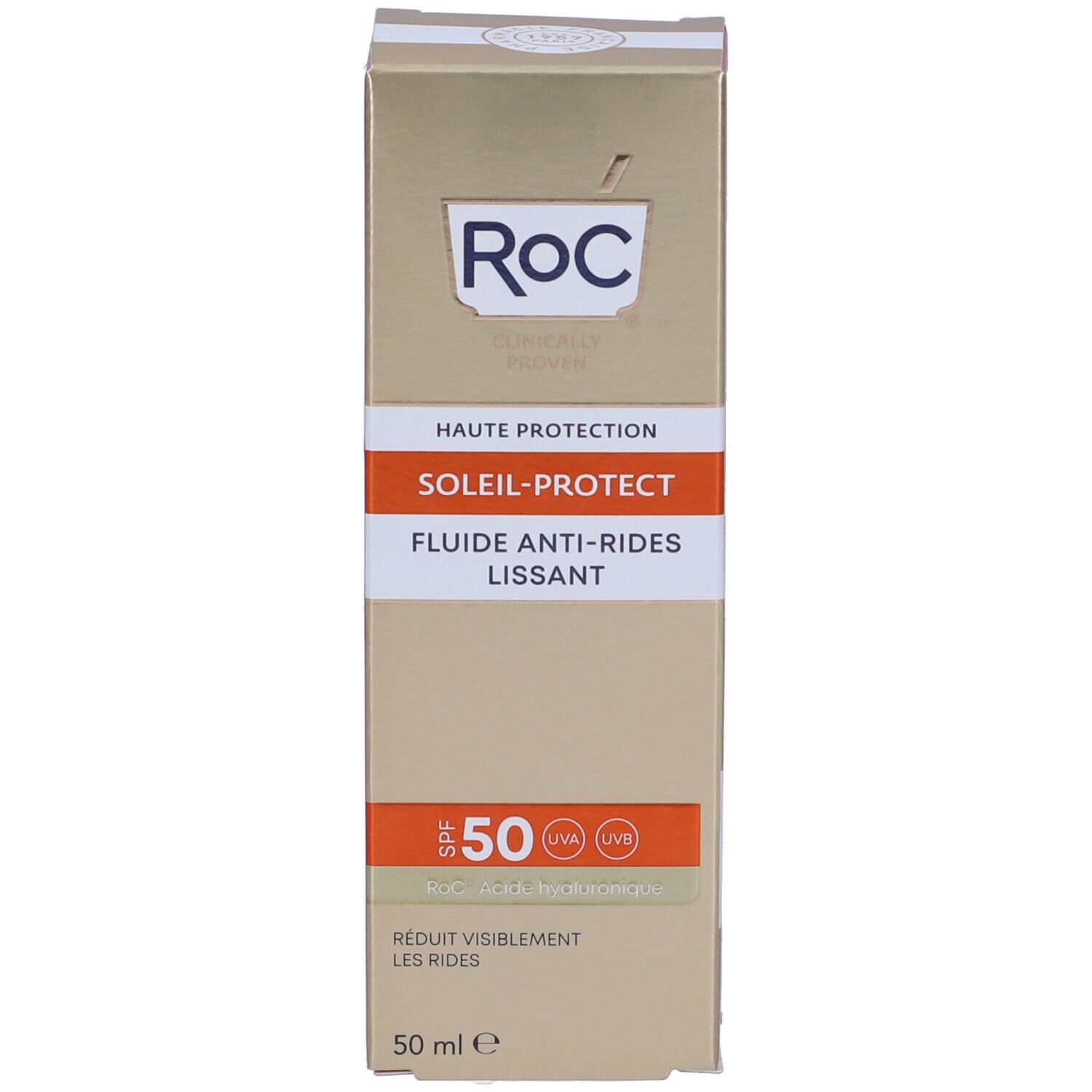 Scatola di cartone RoC. Scritte: SOLEIL-PROTECT, Anti-rughe, SPF50+, 50 ml.