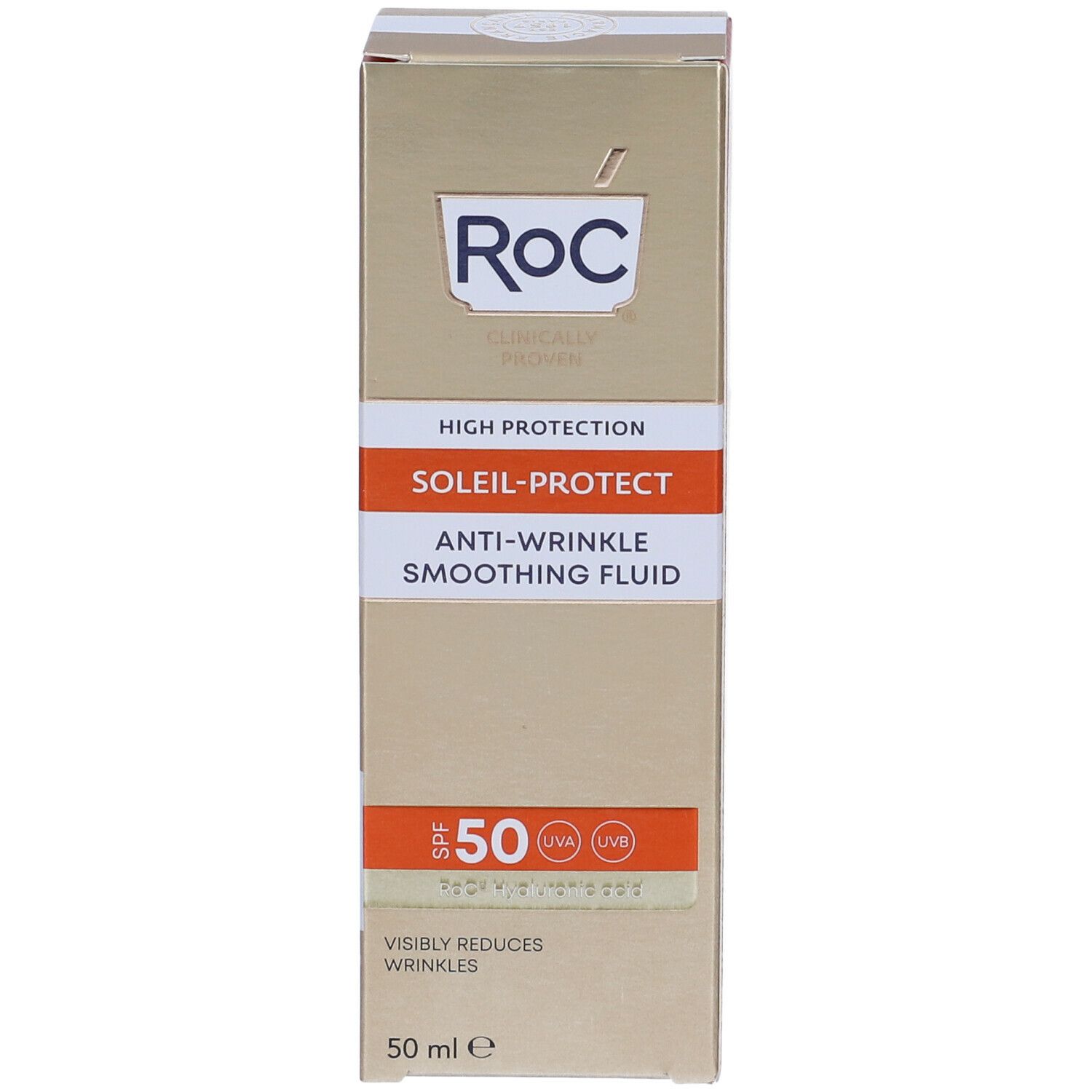 Scatola RoC. Scritte: SOLEIL-PROTECT, Anti-rughe, SPF50+. Testo: Visibly reduces wrinkles.