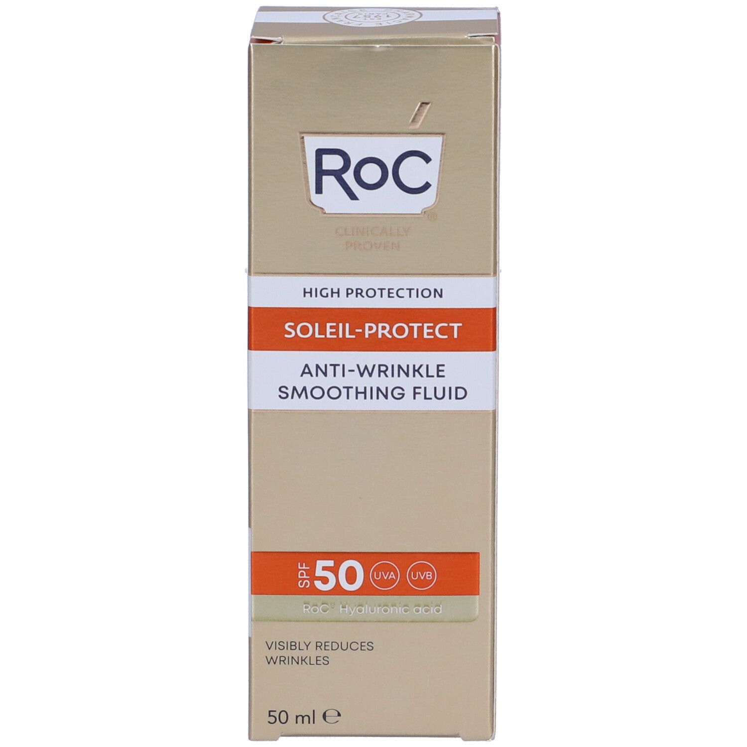Scatola RoC. Scritte: SOLEIL-PROTECT, Anti-rughe, SPF50+. Testo: Visibly reduces wrinkles.