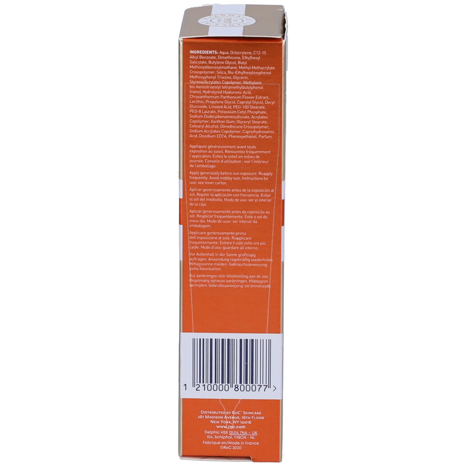 Scatola di cartone RoC. Scritte: SOLEIL-PROTECT, Anti-rughe, SPF50+. Ingredienti e codice a barre.