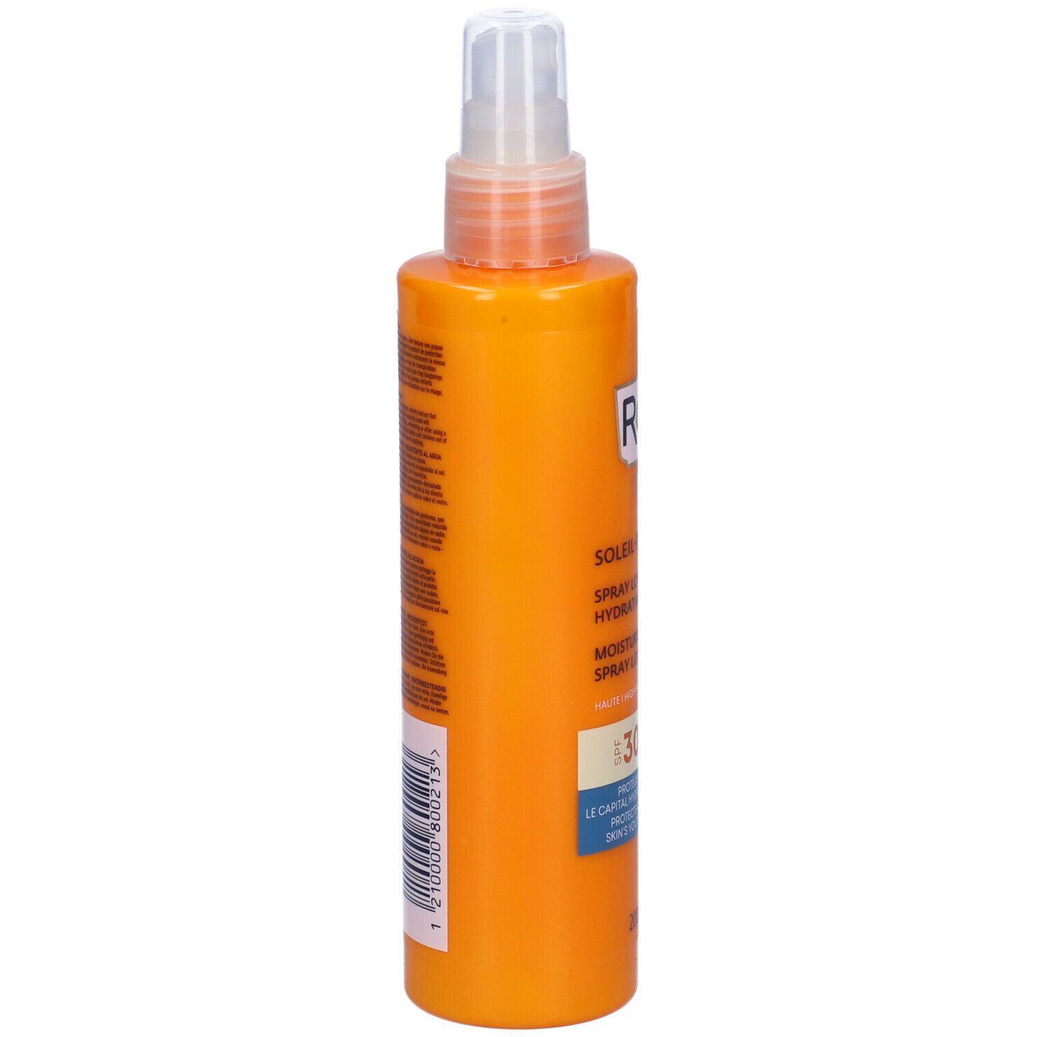 Flacone spray arancione, vista laterale. Scritta: SOLEIL-PROTECT, SPF30. Marchio: RoC. Codice a barre e testo.