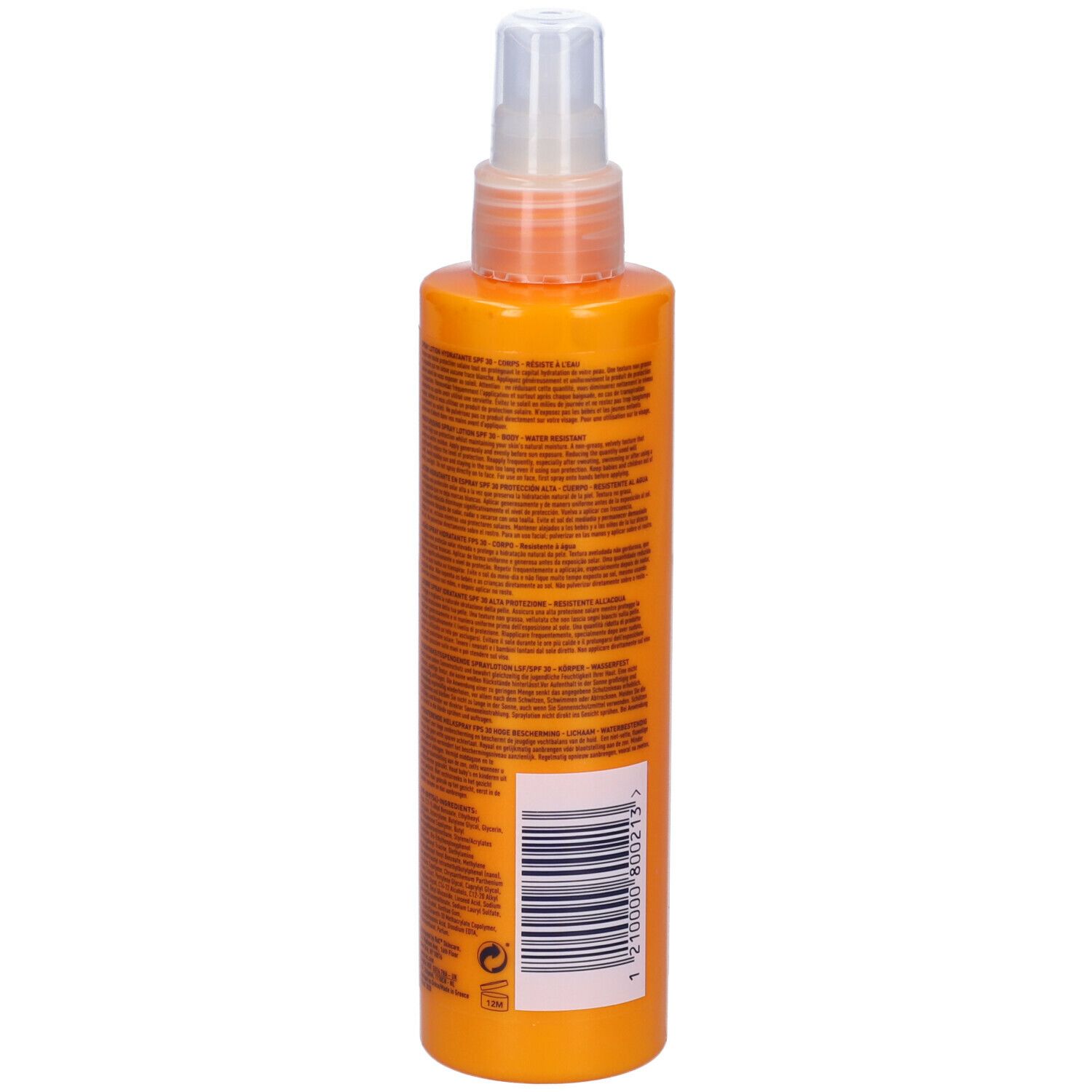 Flacone spray arancione, retro. Testo e codice a barre. Marchio: RoC.