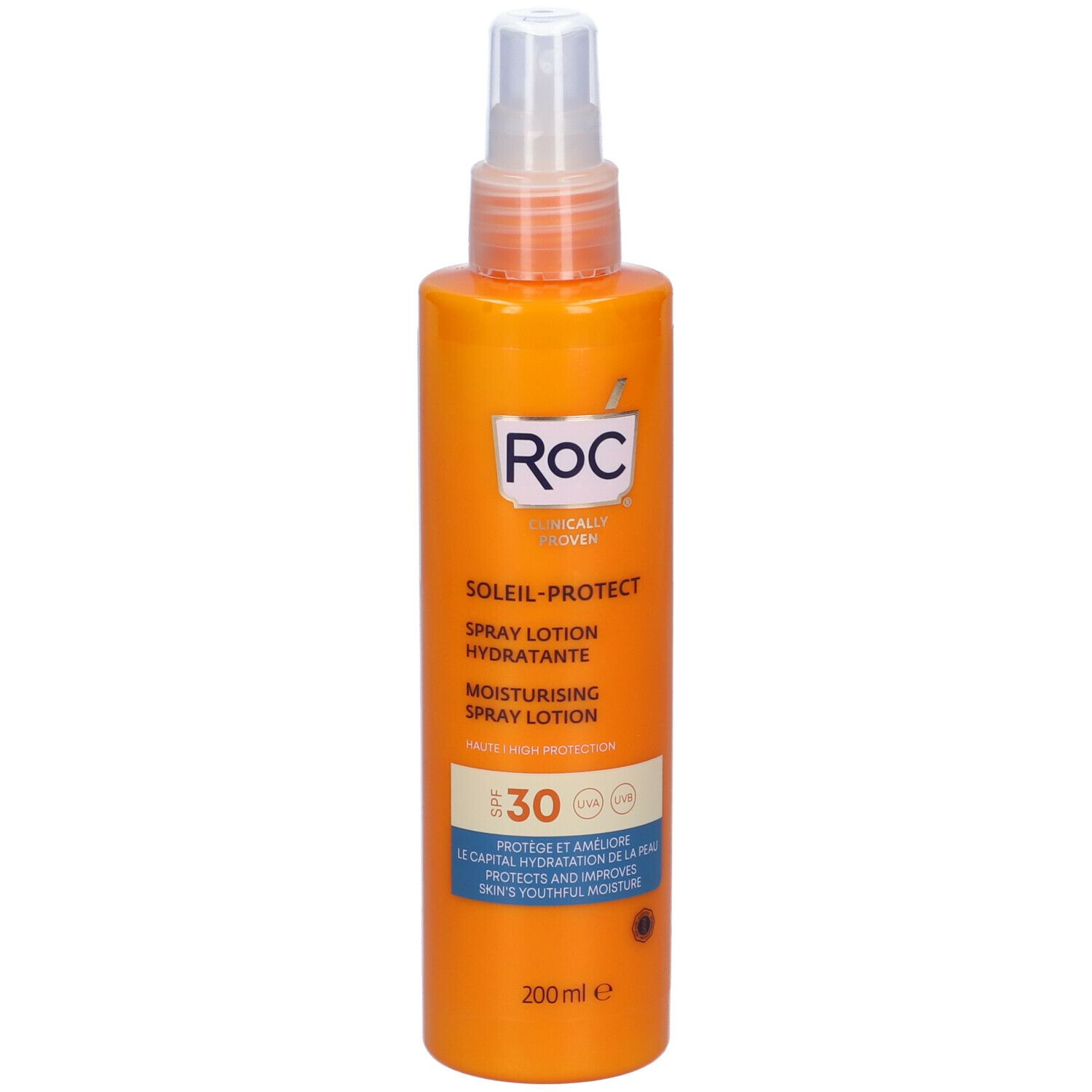 Flacone spray arancione con erogatore bianco. Scritta: SOLEIL-PROTECT, SPF30. Marchio: RoC.