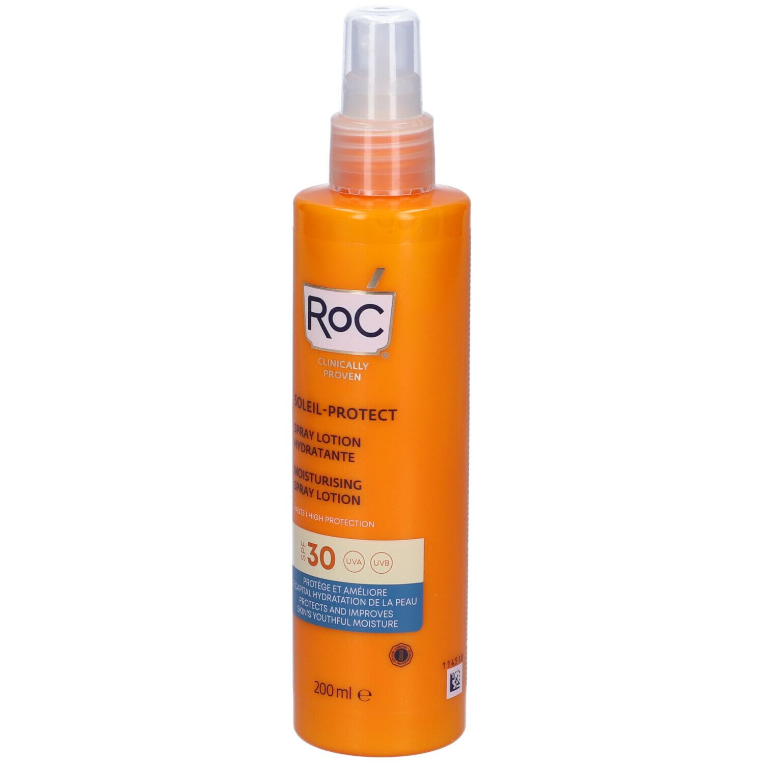 Flacone spray arancione con erogatore bianco. Scritta: SOLEIL-PROTECT, SPF30. Marchio: RoC.