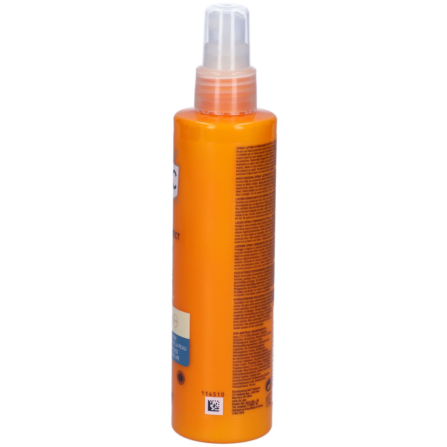 Flacone spray arancione, vista laterale. Scritta: SOLEIL-PROTECT, SPF30. Marchio: RoC. Codice a barre e testo.