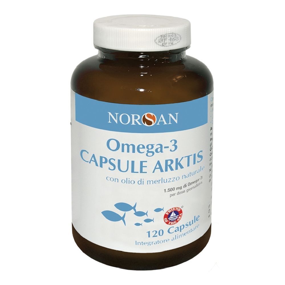 Flacone marrone di capsule Omega-3. Etichetta blu con nome del prodotto e illustrazioni di pesci. 120 capsule.