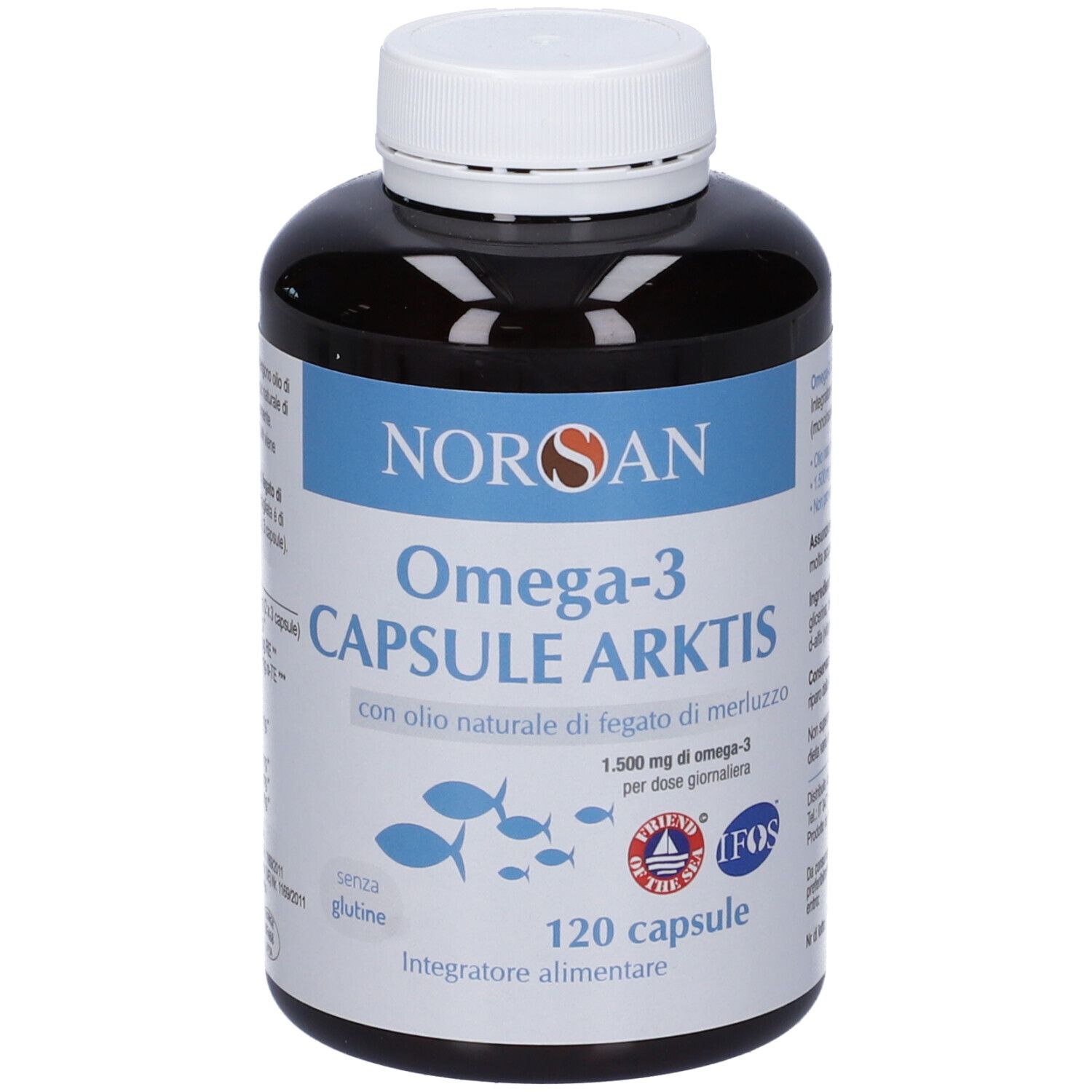 Flacone marrone scuro di capsule Omega-3. Etichetta blu con nome, pesci e sigillo IFOS.