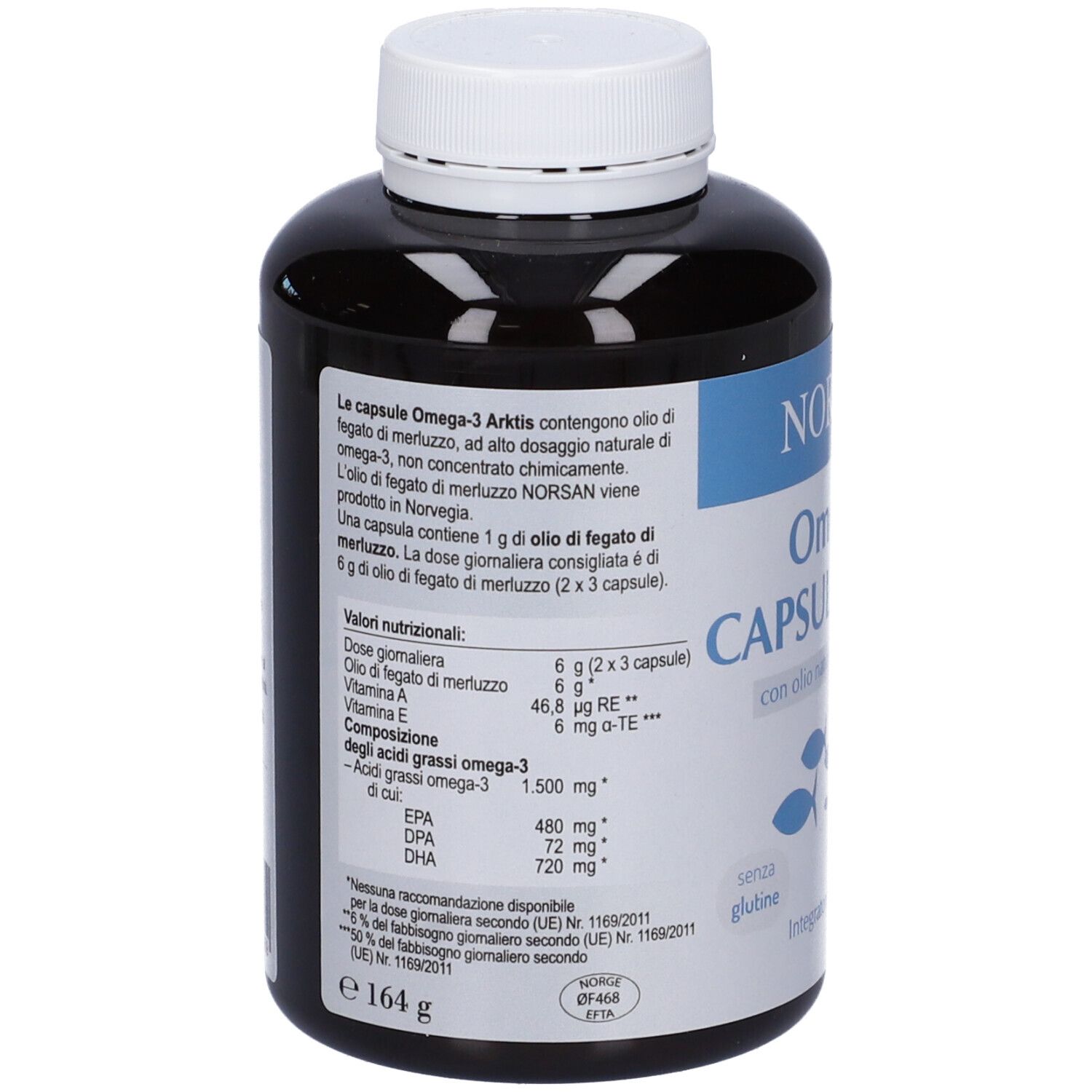 Retro del flacone di capsule Omega-3. Contiene informazioni nutrizionali e ingredienti. Peso: 164 g.