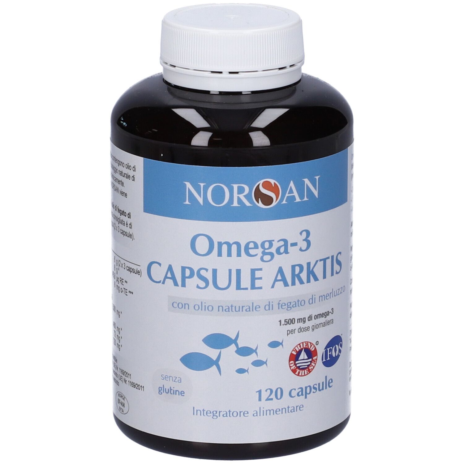 Flacone marrone scuro di capsule Omega-3. Etichetta blu con nome, pesci e sigillo IFOS.