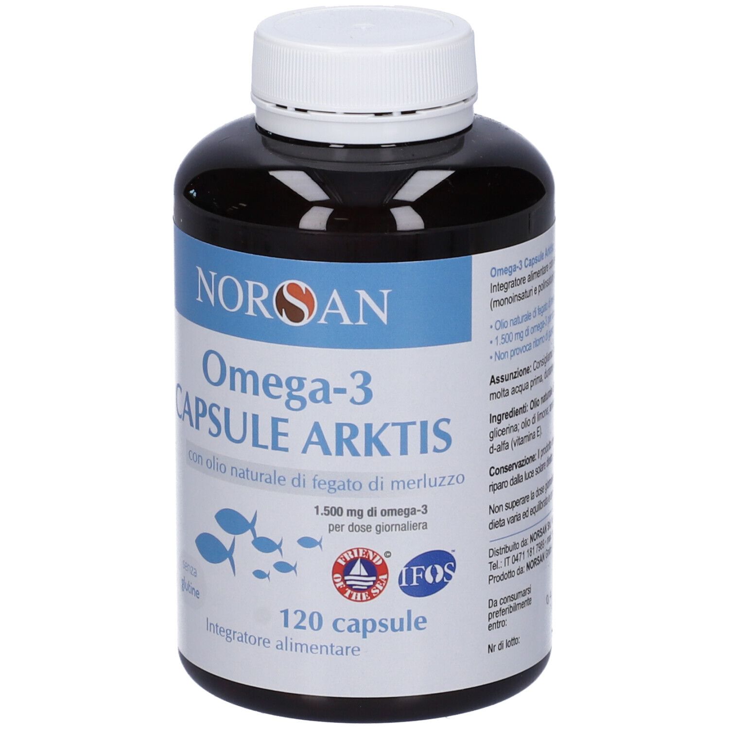 Flacone marrone scuro di capsule Omega-3. Etichetta blu con nome, pesci e sigillo IFOS.