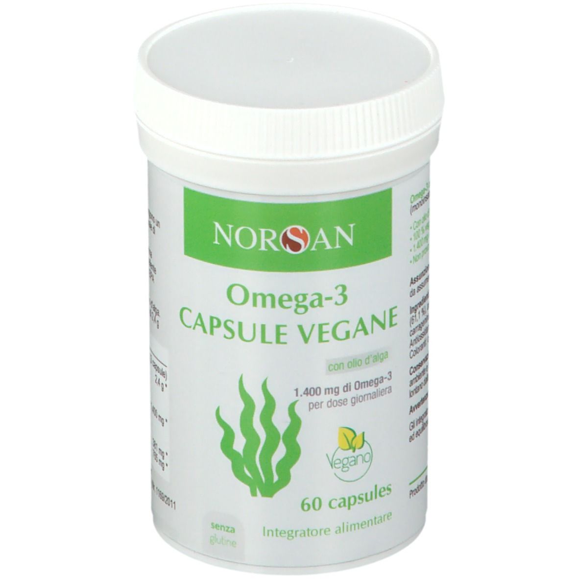 Barattolo bianco con etichetta verde. Scritta: NORSAN Omega-3 CAPSULE VEGANE. 60 capsule. Sigillo vegano.