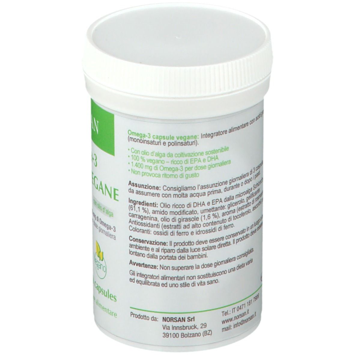Barattolo bianco, retro con testo. Scritta: NORSAN Omega-3 CAPSULE VEGANE. Ingredienti, istruzioni per l'uso, avvertenze.